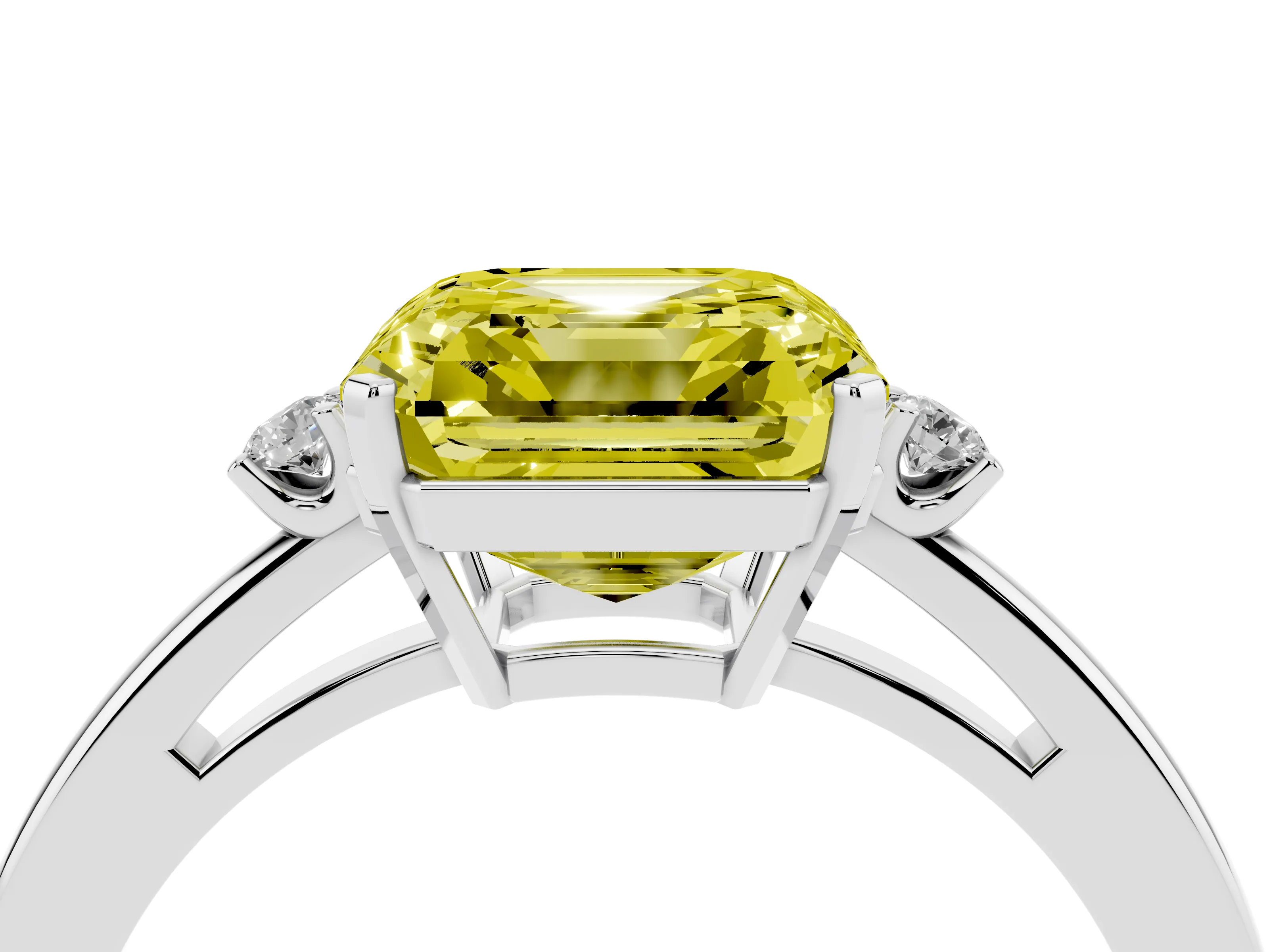 Fancy Yellow Three-Stone Asscher Cut Diamond Solitaire Ring Set in Platinum with Round Accent Stones and Prong Setting