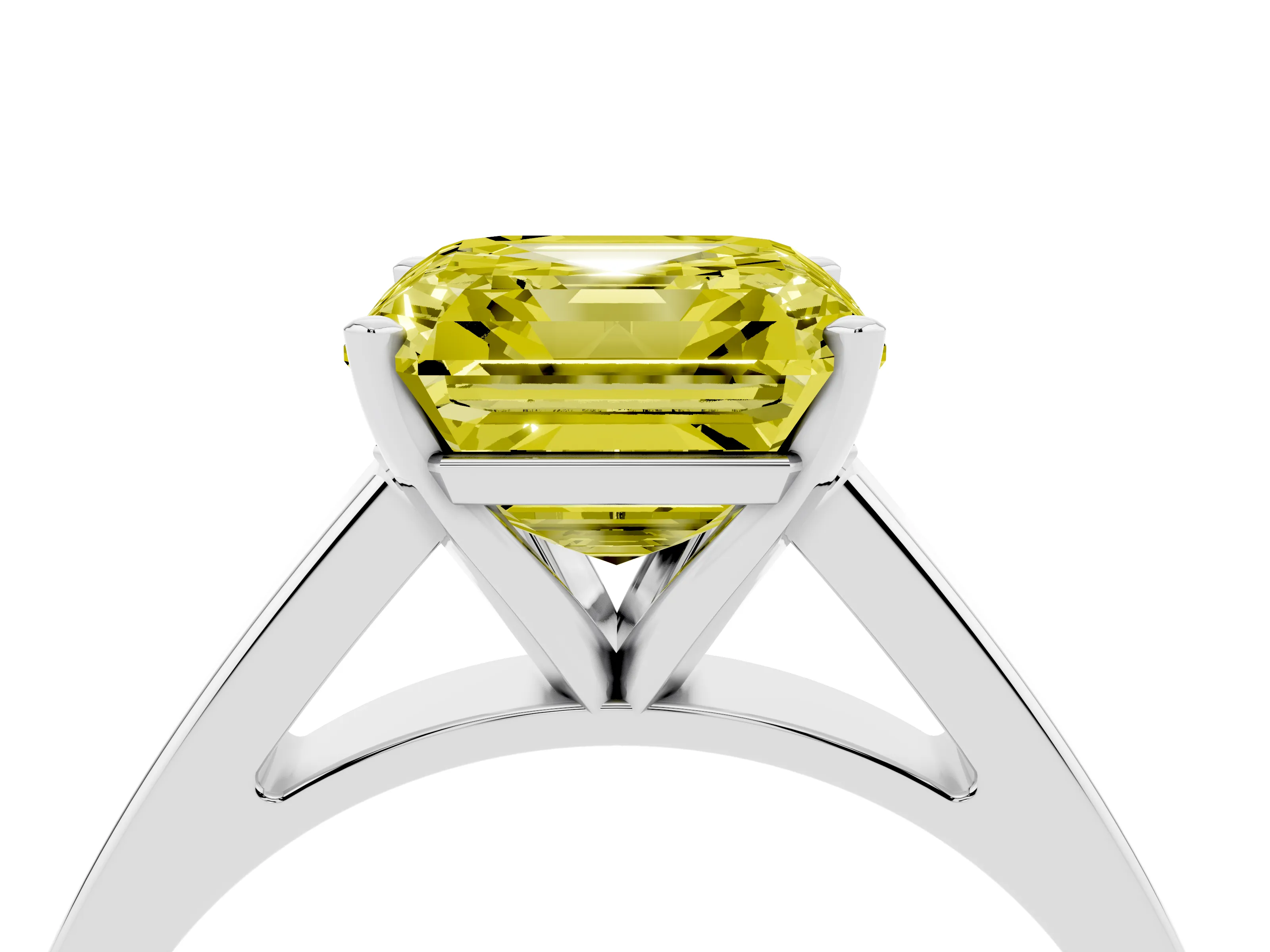 Fancy Yellow Asscher Cut Diamond Solitaire Engagement Ring Set in White gold with Prong Setting and Tapered Band