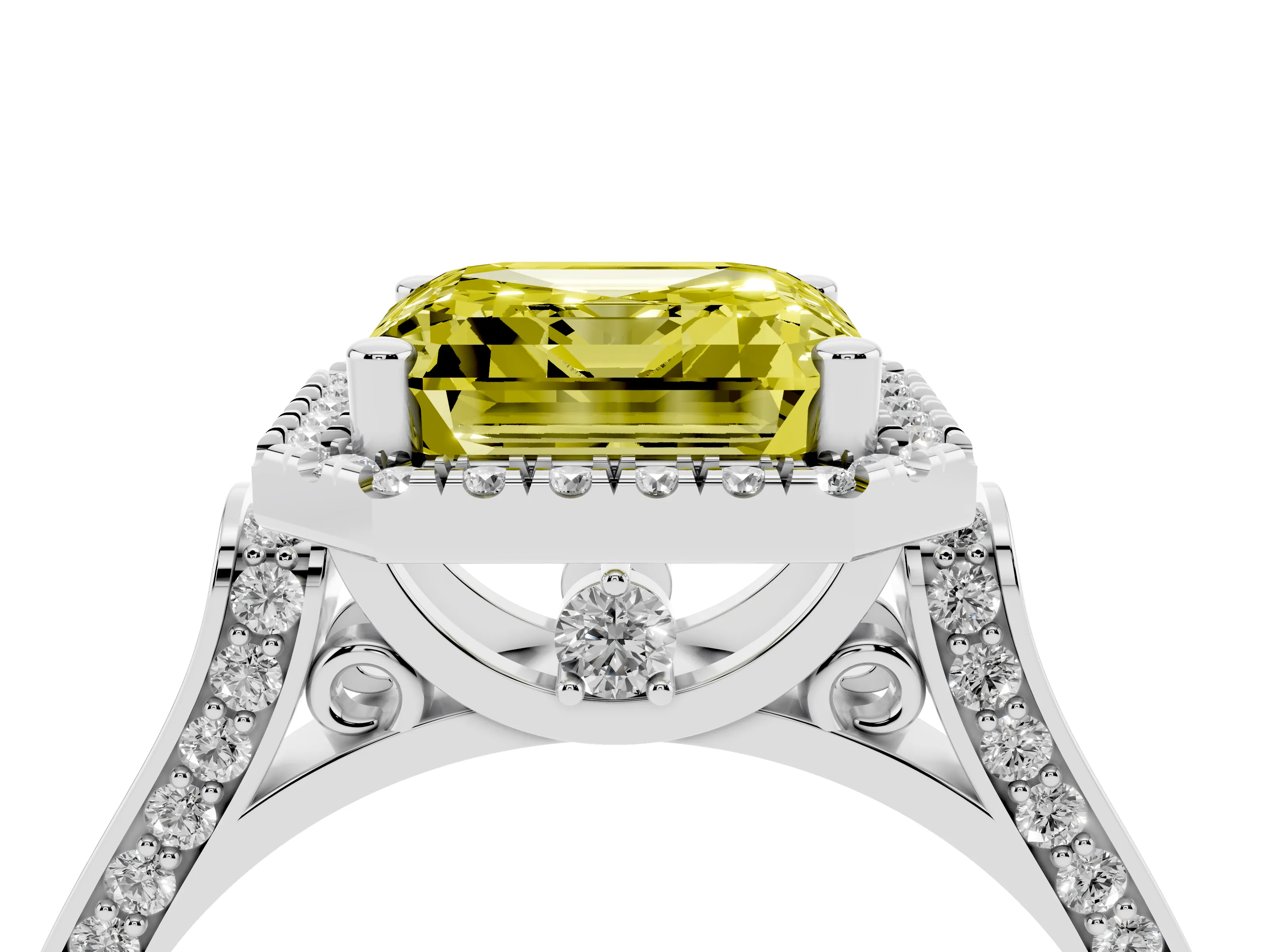 Fancy Yellow Asscher Cut Diamond Halo Ring Set in Silver with Pavé-Lined Split Shank Band