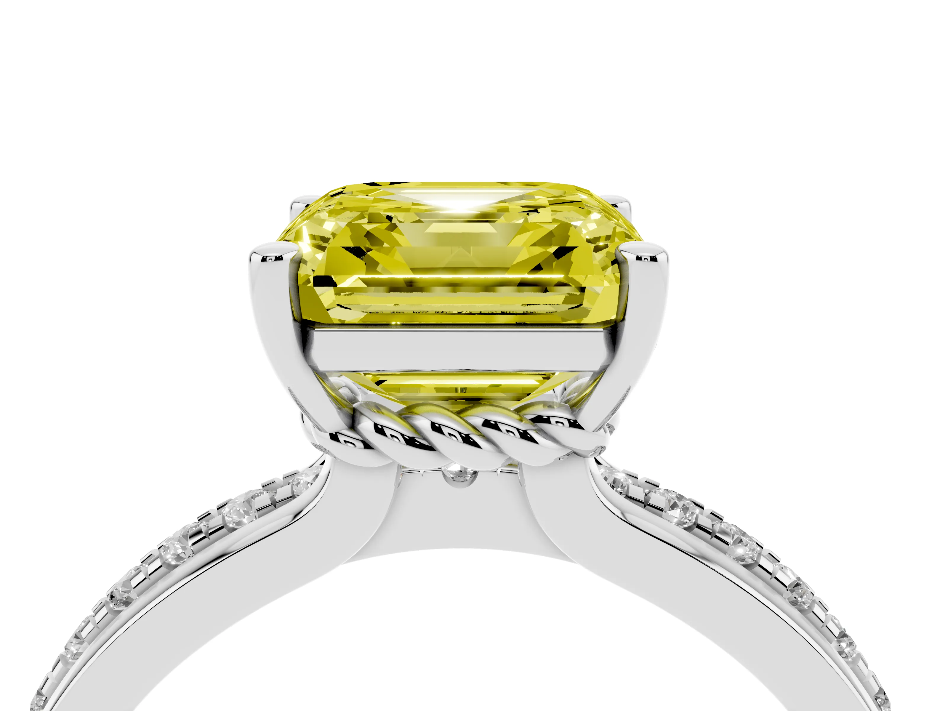 Fancy Yellow Asscher Cut Diamond Solitaire Ring Set in White gold with Channel Set Band and Prong Setting