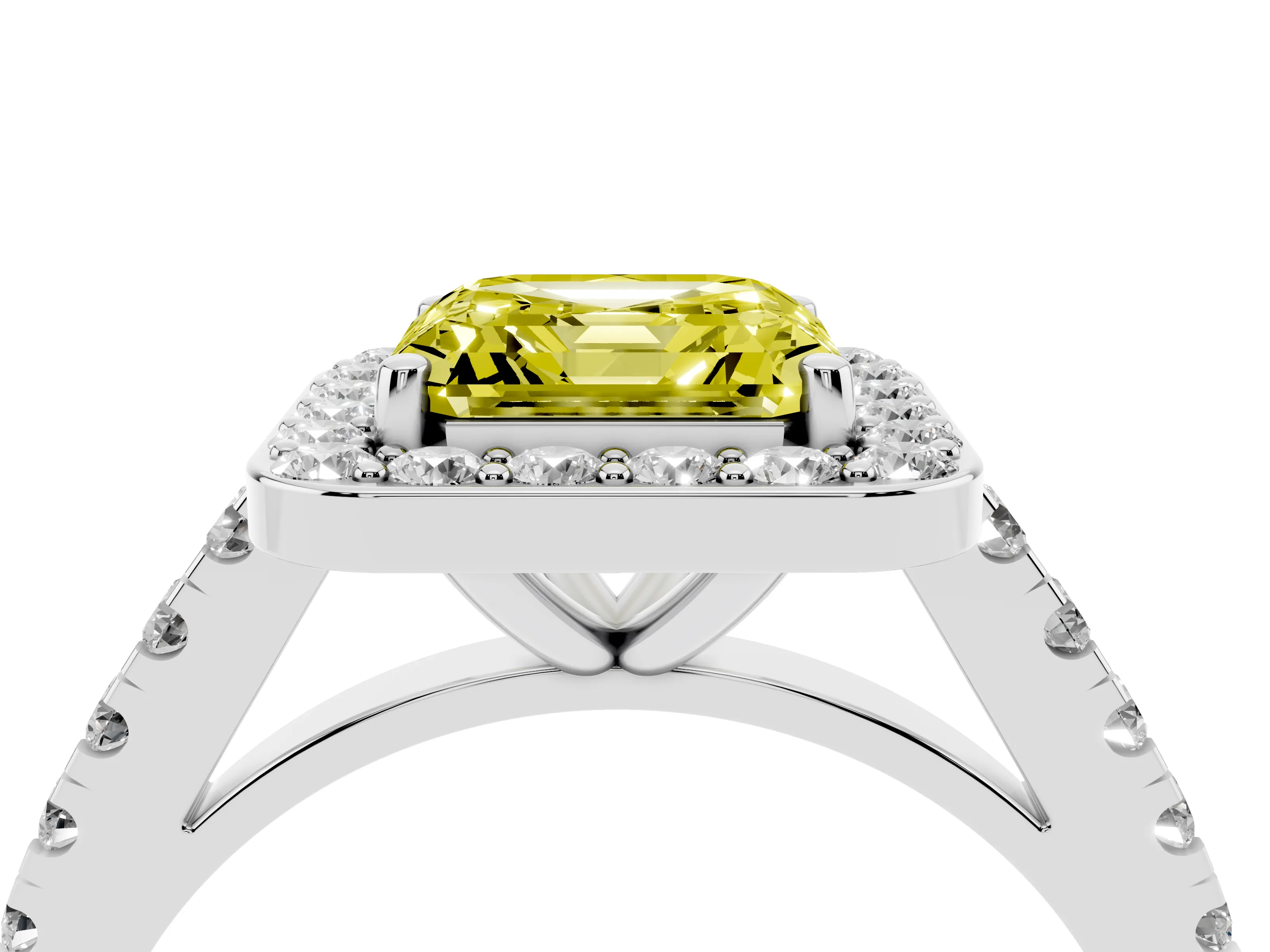 Fancy Yellow Asscher Cut Diamond Halo Ring Set in White gold with Round Pavé Split Shank and Prong Setting