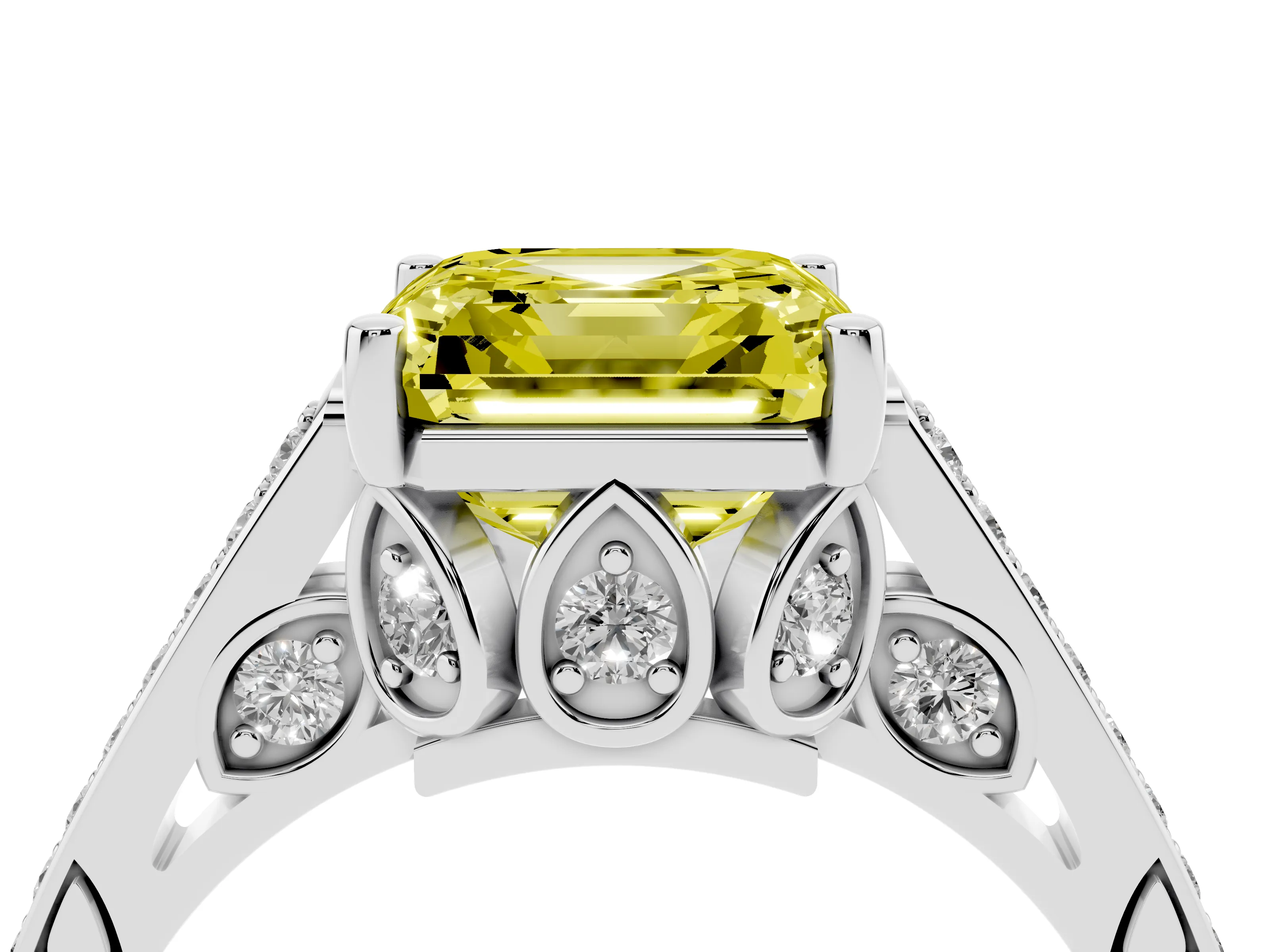Fancy Yellow Asscher Cut Diamond Cathedral Pavé Engagement Ring Set in Silver with Prong Setting