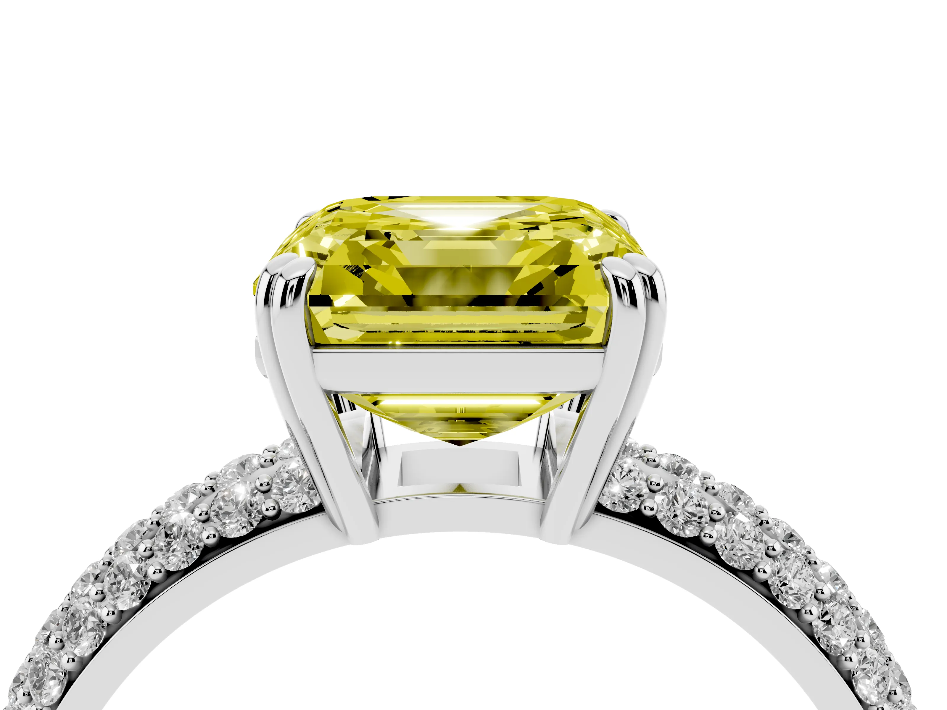 Fancy Yellow Asscher Cut Diamond Solitaire Ring Set in Platinum with Multi-Row Round Pavé Band and Prong Setting