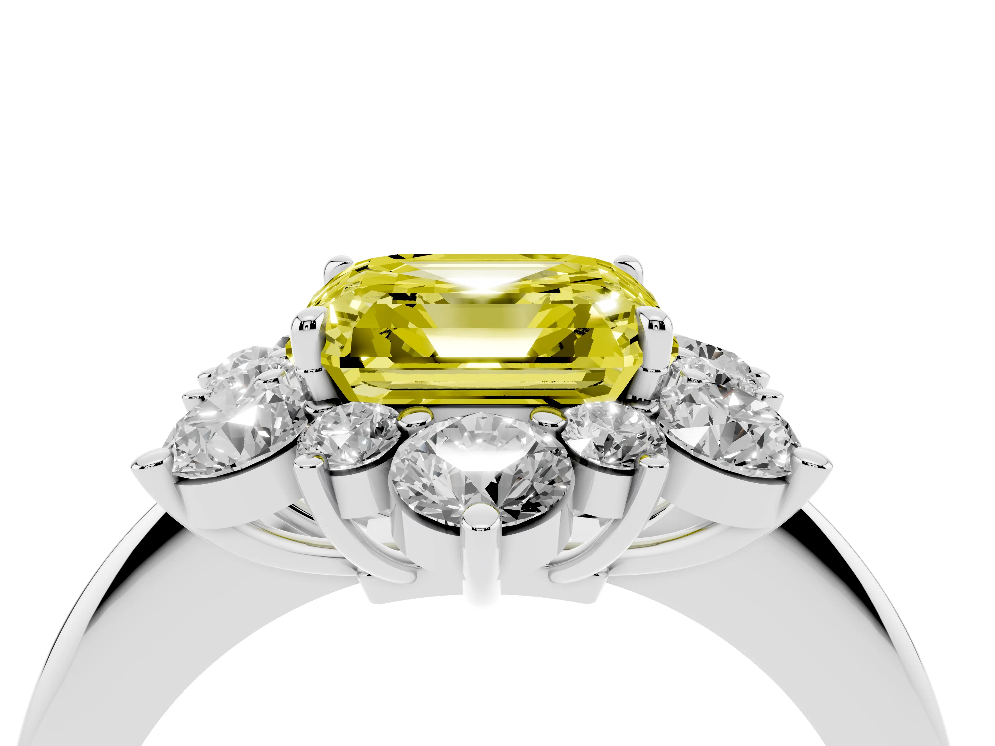 Fancy Yellow Asscher Cut Diamond Cluster Halo Ring Set in White gold with Solitaire Band and Prong Setting