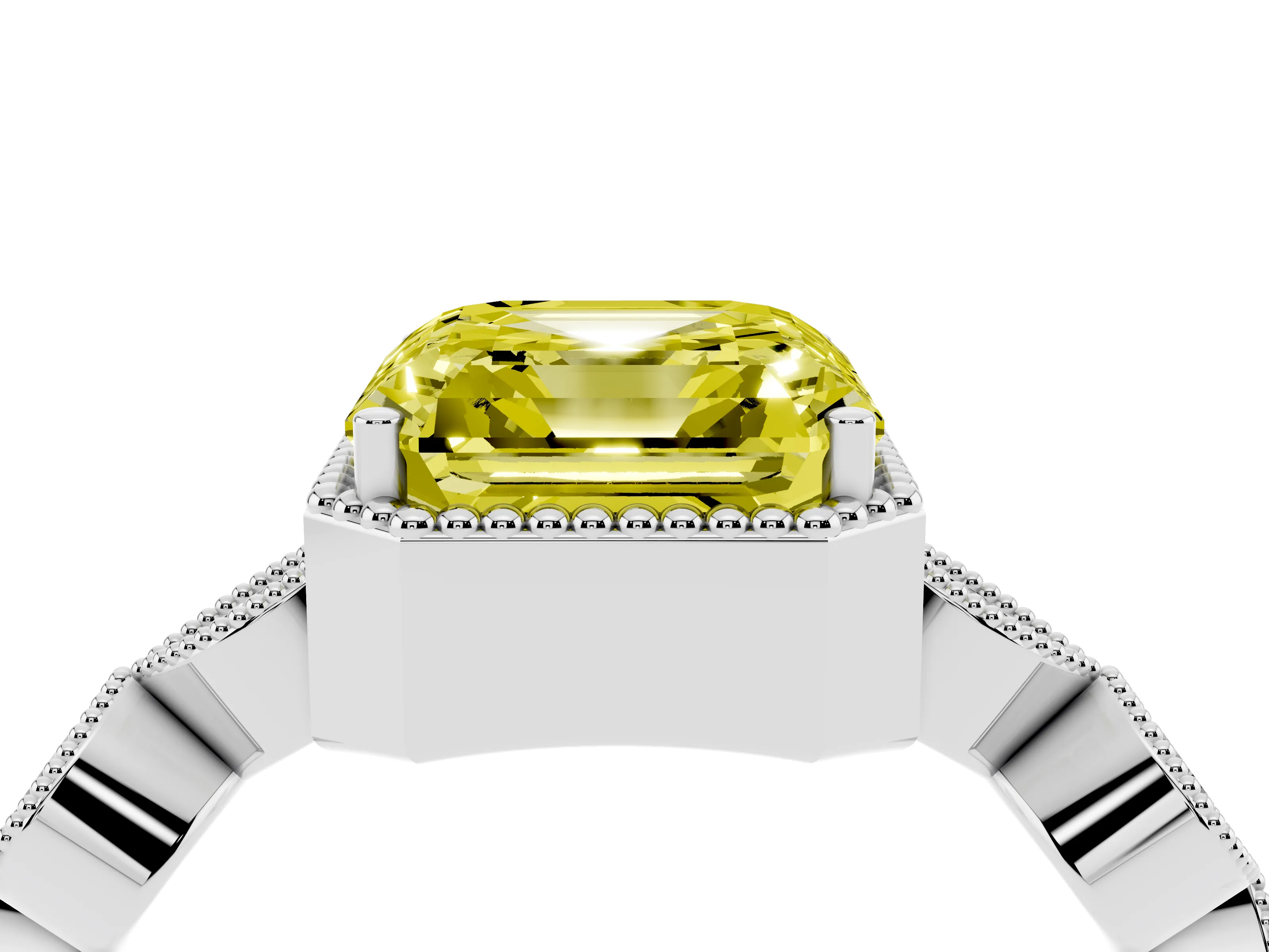 Fancy Yellow Asscher Cut Diamond Vintage-Inspired Milgrain Ring Set in White gold with Marquise Stations of Round Accents