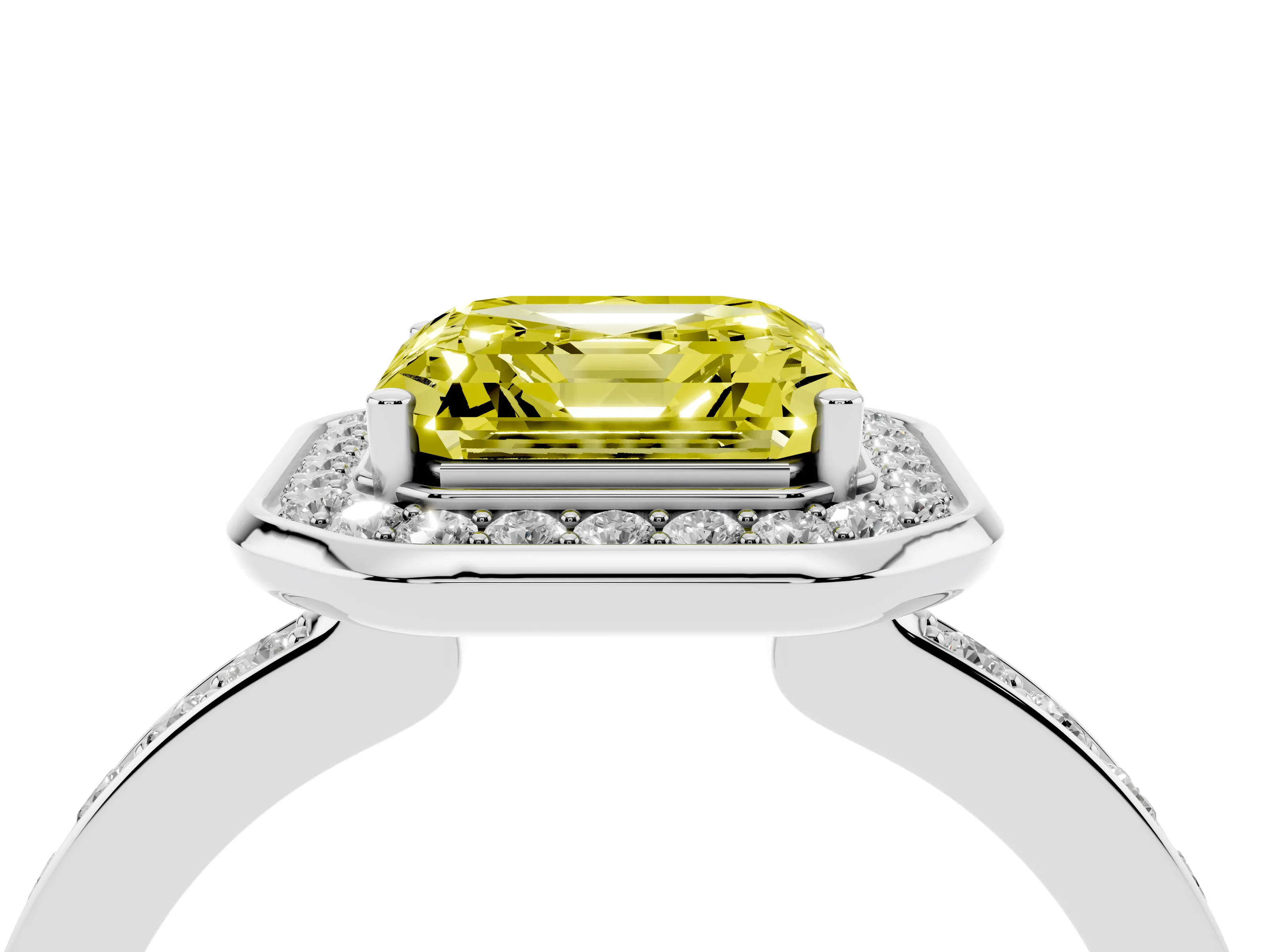 Fancy Yellow Asscher Cut Diamond Halo Ring Set in White gold with Bezel Frame and Pavé Band