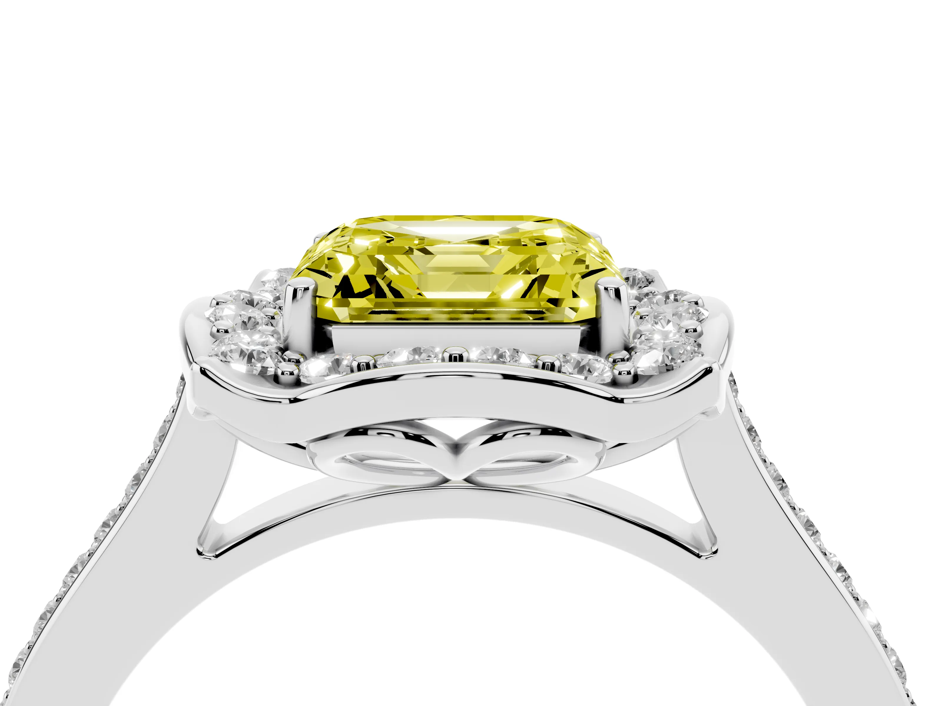 Fancy Yellow Asscher Cut Diamond Halo Ring Set in Platinum with Pavé-Lined Shoulders and Prong Setting