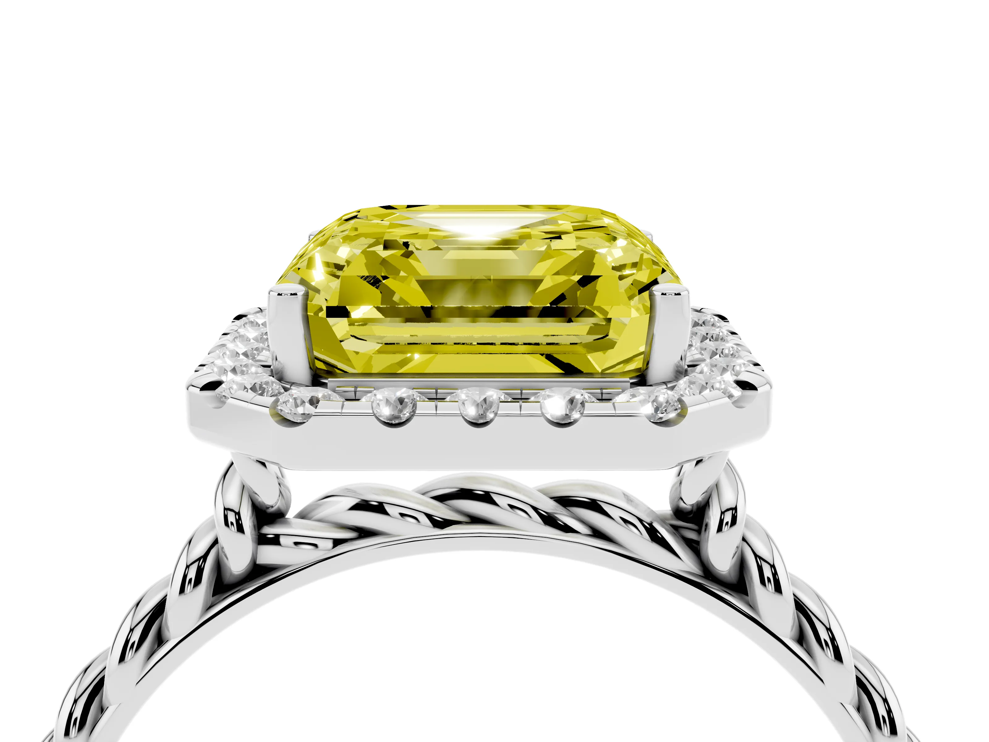 Fancy Yellow Asscher Cut Diamond Halo Ring Set in Platinum with Plain Twisted Band