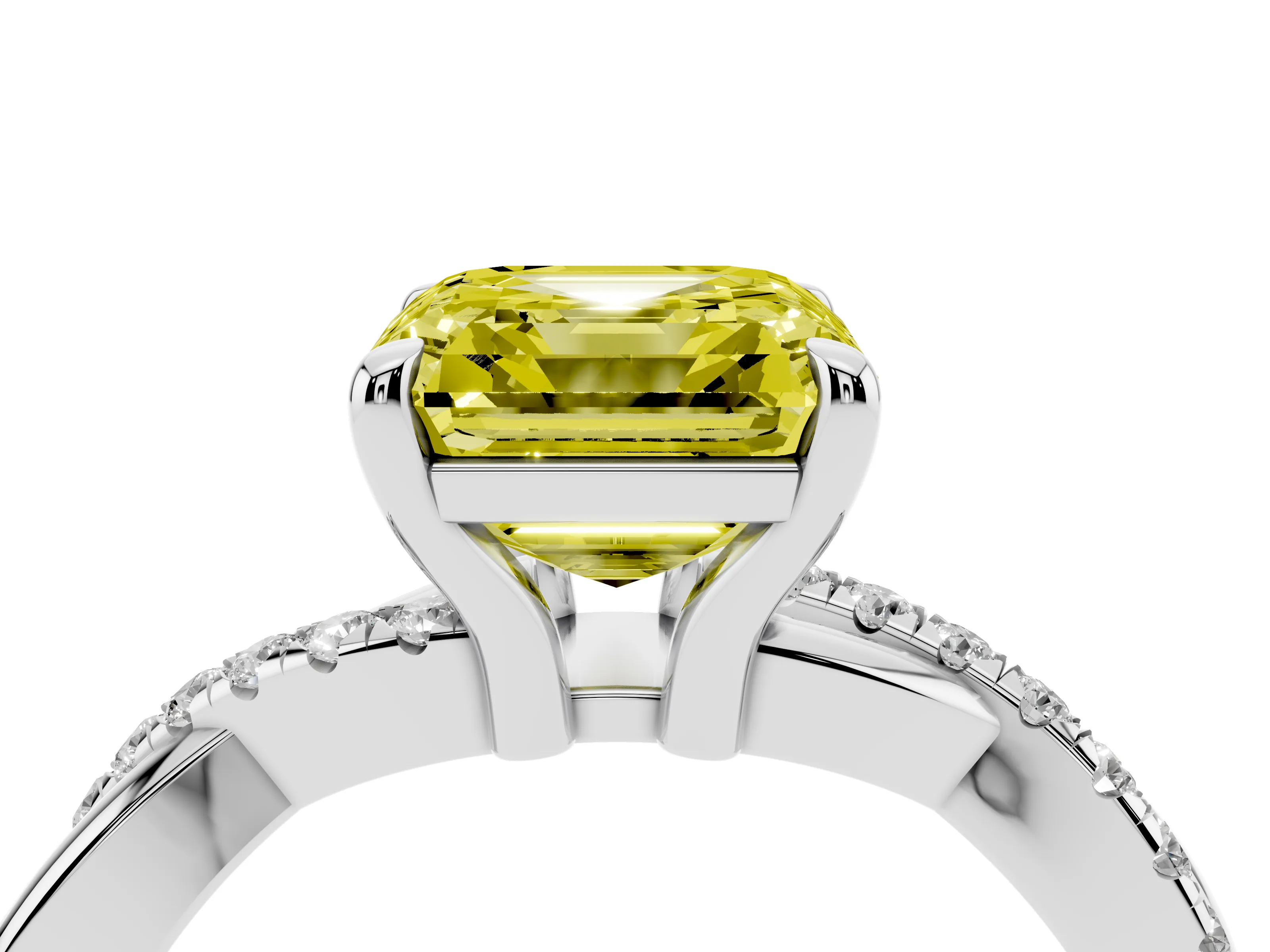 Fancy Yellow Asscher Cut Diamond Twist Band Pavé Solitaire Ring Set in White gold with Prong Setting