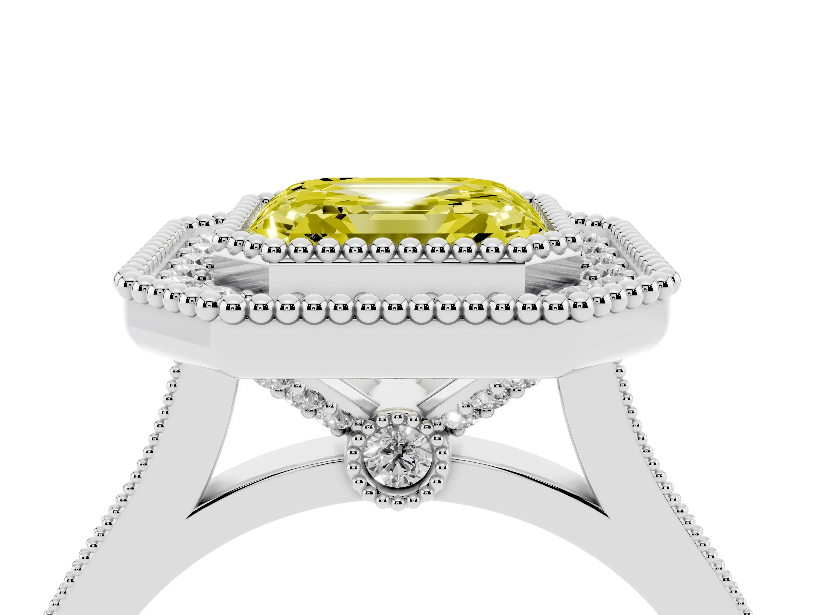 Fancy Yellow Asscher Cut Diamond Halo Ring Set in Silver with Milgrain Frame and Pavé Band