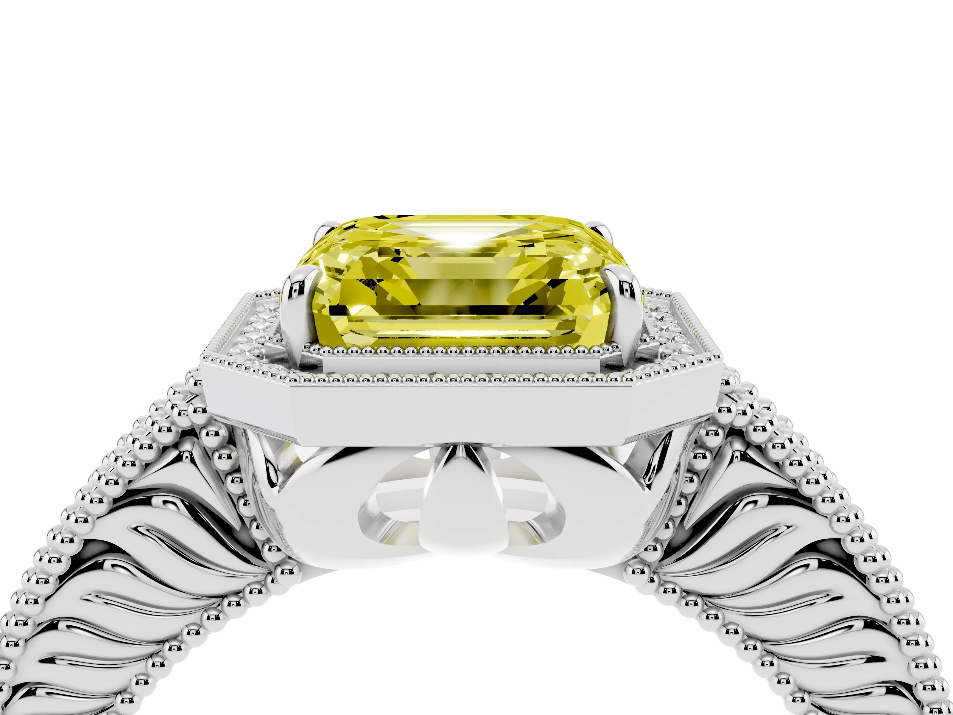 Fancy Yellow Asscher Cut Diamond Halo Ring Set in White gold with Round Accent Halo, Pavé Band and Prong Setting