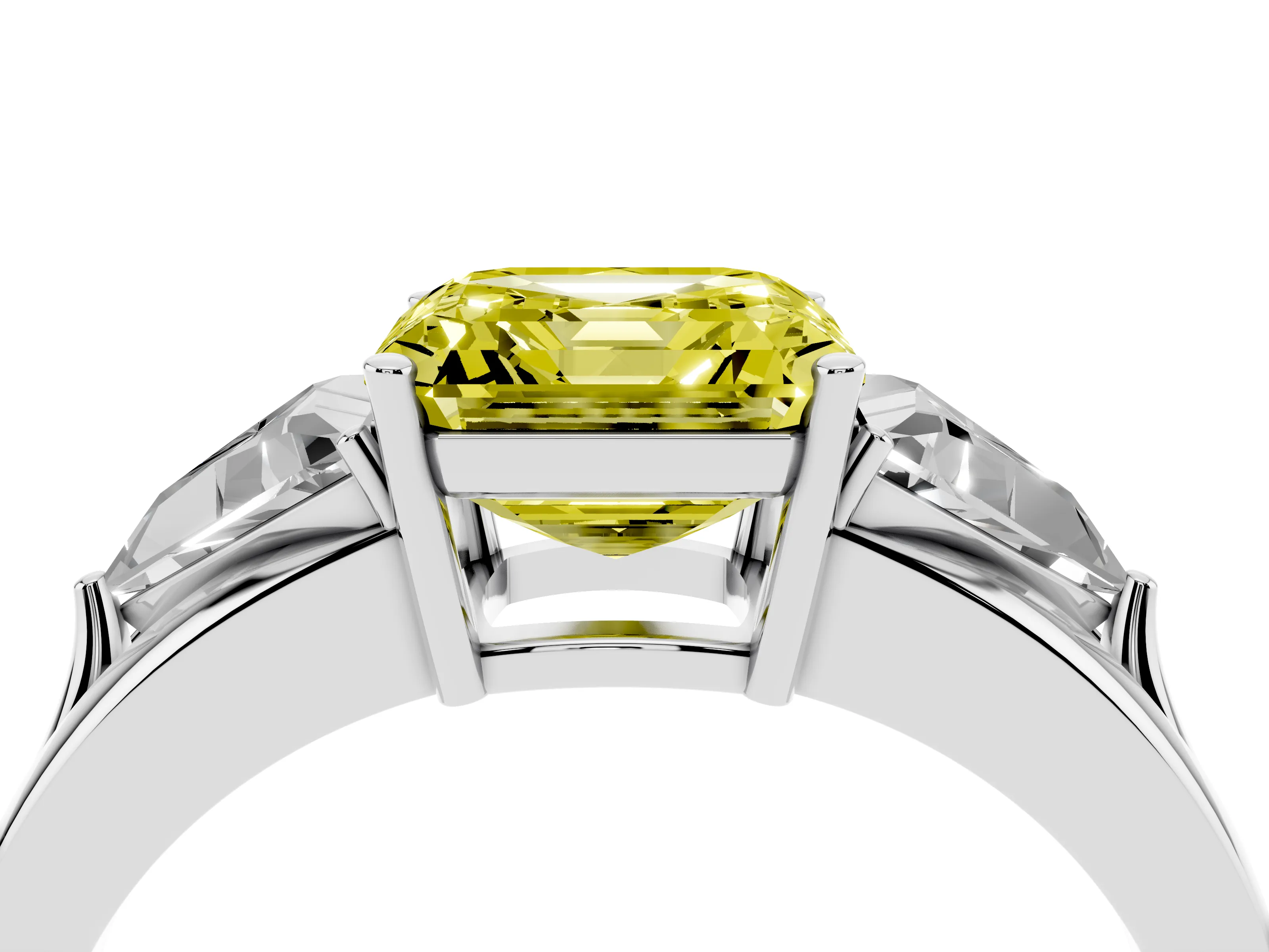 Fancy Yellow Asscher Cut Diamond Three-Stone Ring Set in Platinum with Trillion Side Stones and Split Shank