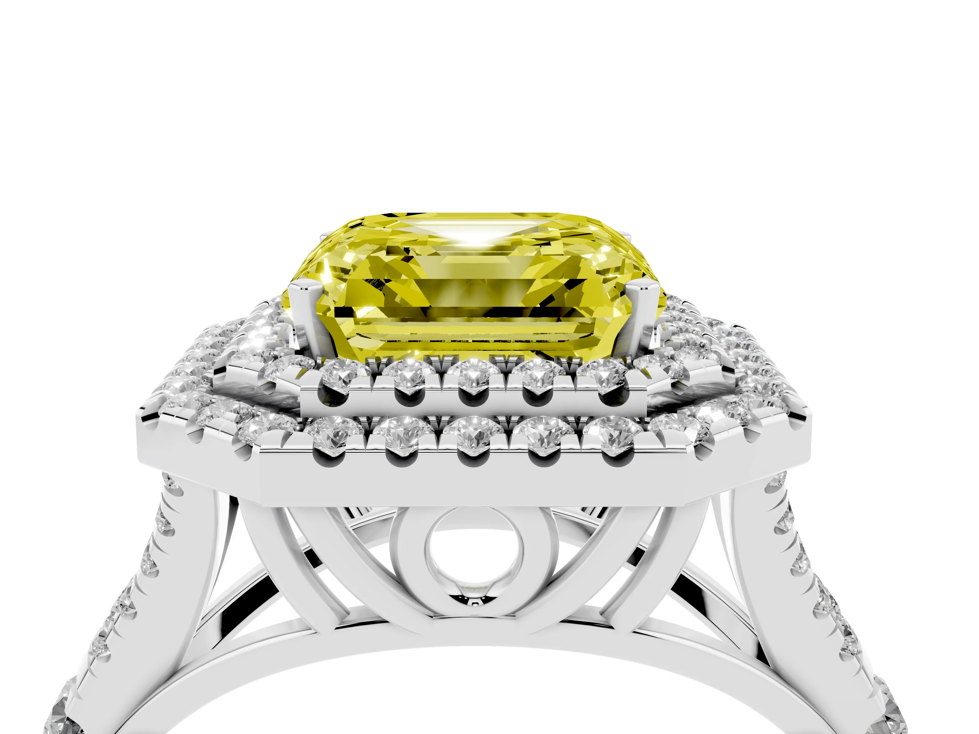 Fancy Yellow Asscher Cut Diamond Pavé Split Shank Double Halo Engagement Ring Set in Platinum