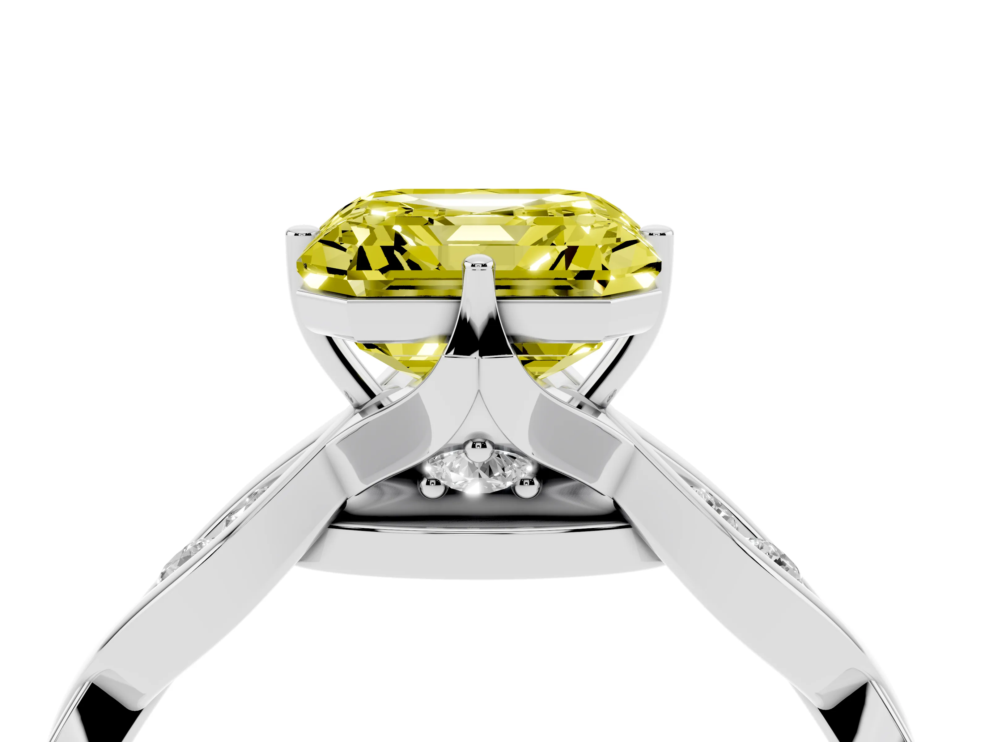 Fancy Yellow Asscher Cut Diamond Twist Band Solitaire Ring Set in Platinum with Leaf Prong Setting and Accent Stones