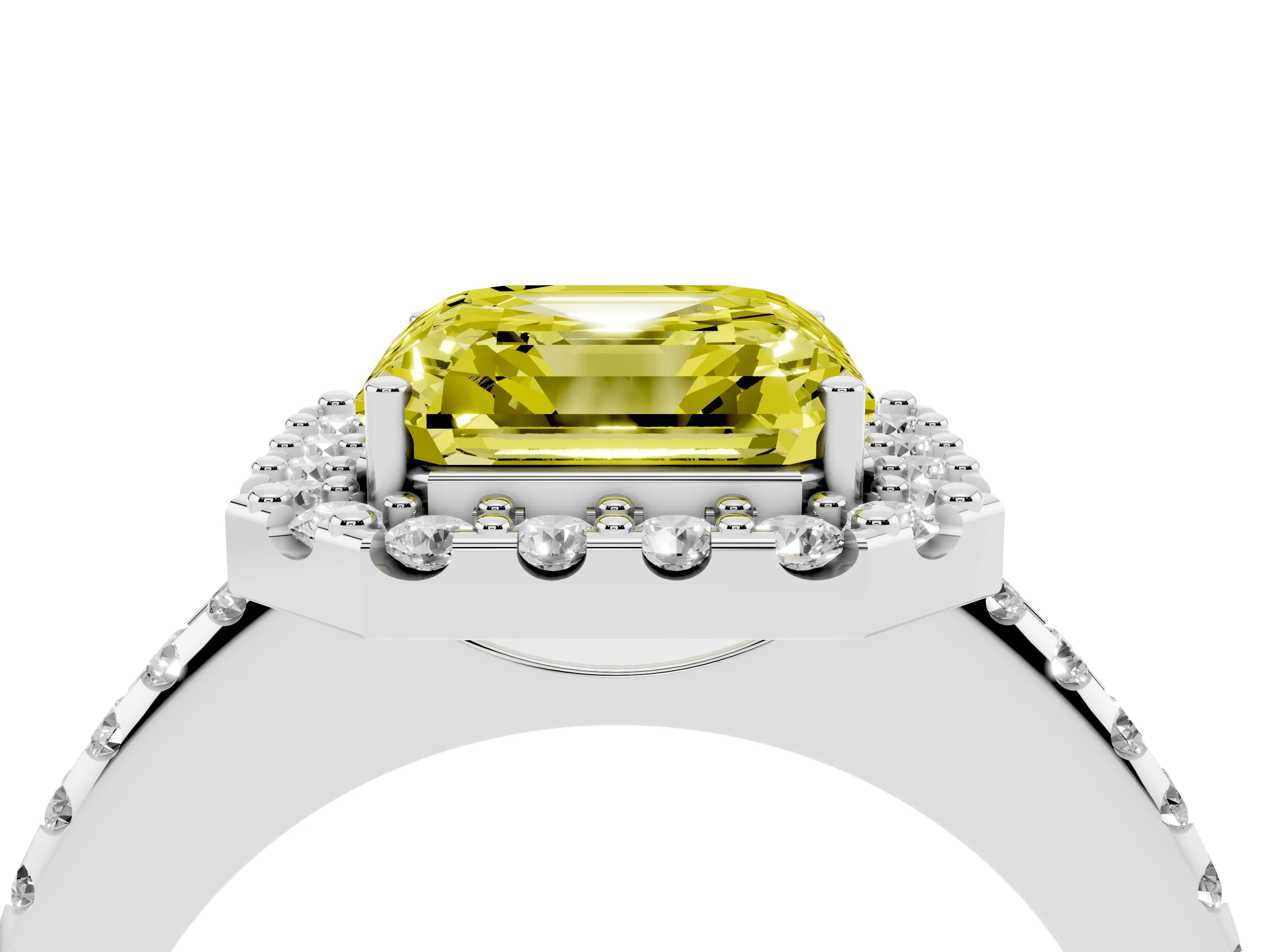 Fancy Yellow Asscher Cut Diamond Pavé Halo Ring Set in Platinum with Prong Setting