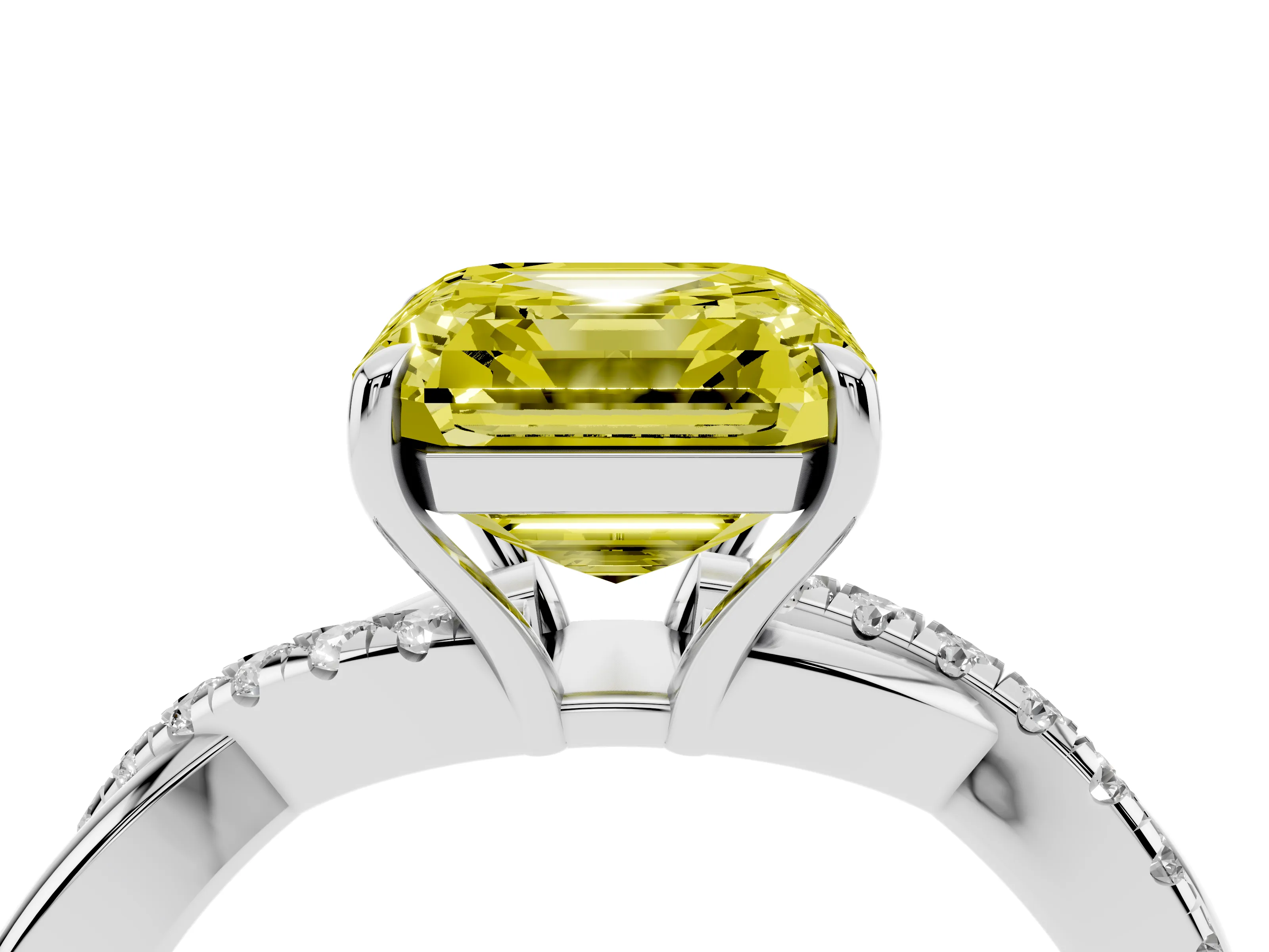 Fancy Yellow Asscher Cut Diamond Twisted Pavé Band Ring Set in Silver with Prong Setting