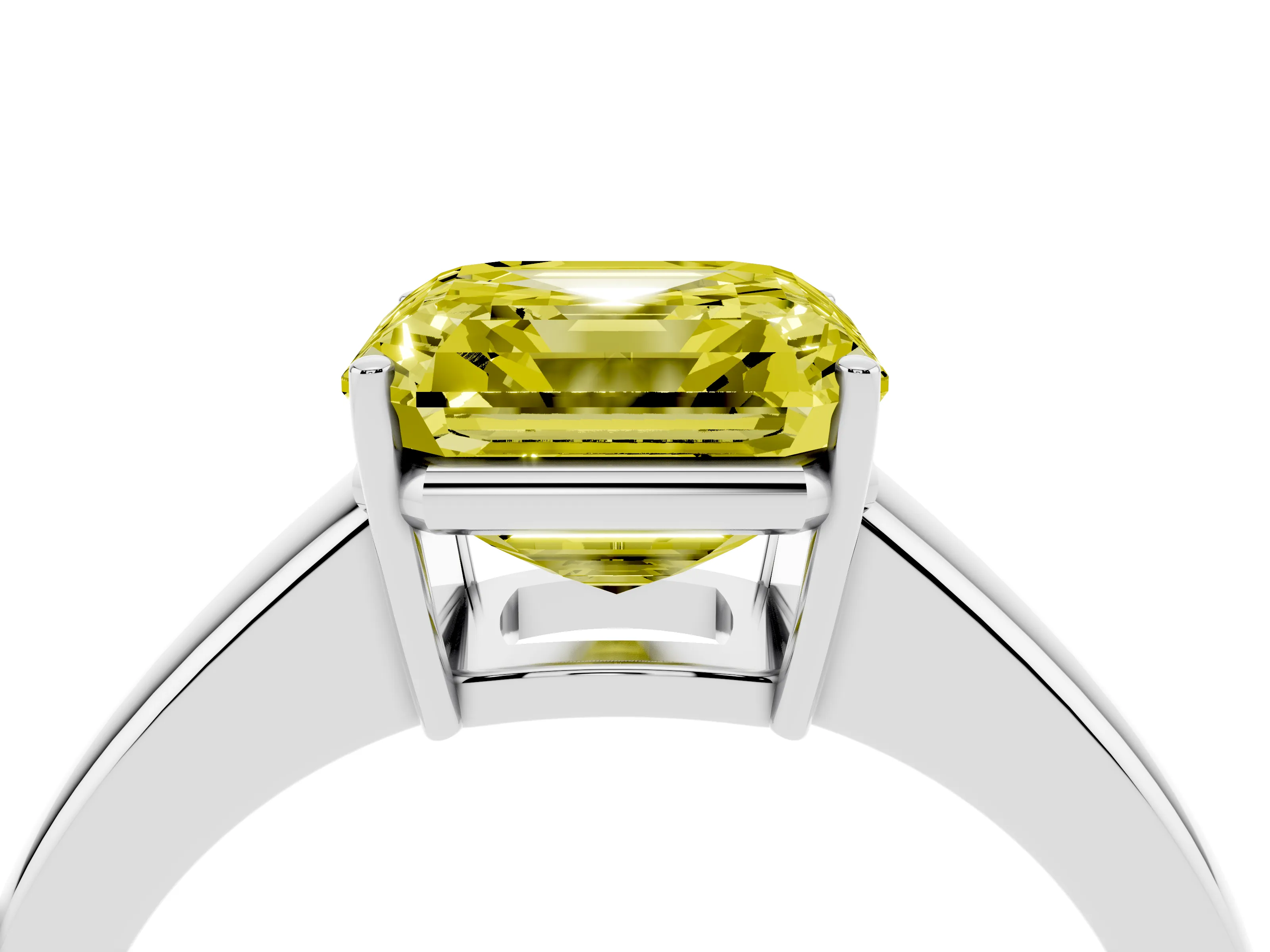 Fancy Yellow Asscher Cut Diamond Solitaire Ring Set in White gold with Tapered Band and Prong Setting