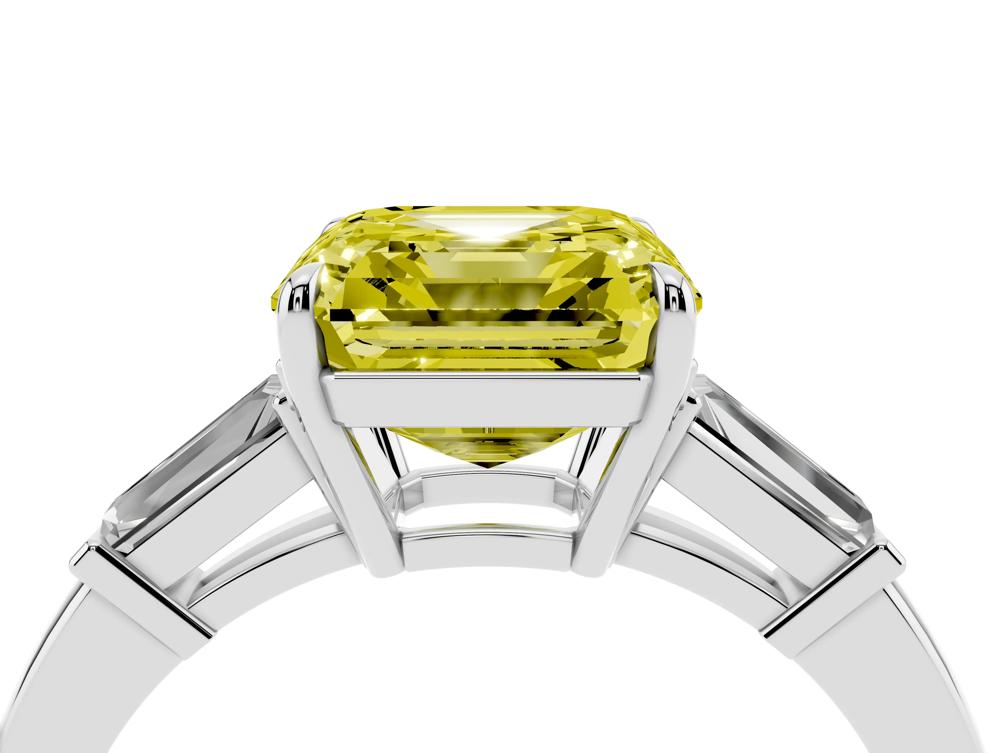 Fancy Yellow Asscher Cut Diamond Three-Stone Ring Set in White gold with Tapered Baguette Side Stones and Prong Setting