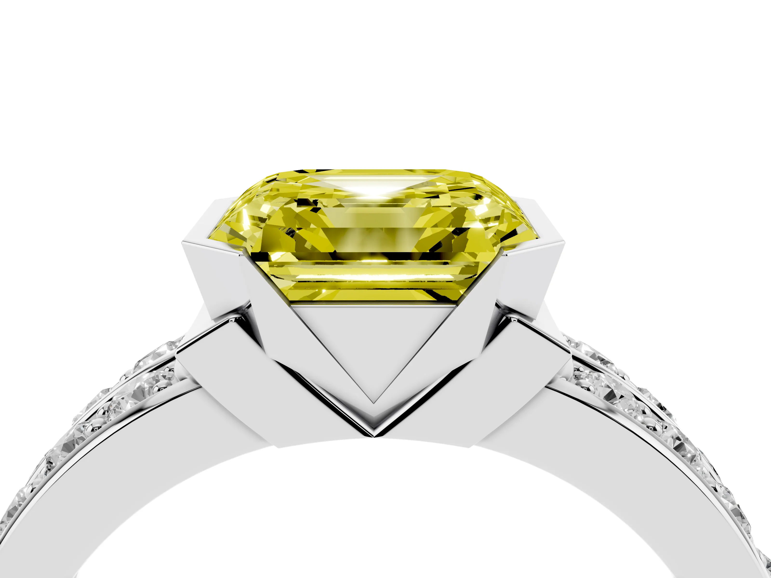 Fancy Yellow Asscher Cut Diamond Wide Channel Set Band Ring Set in Platinum with Bezel Setting