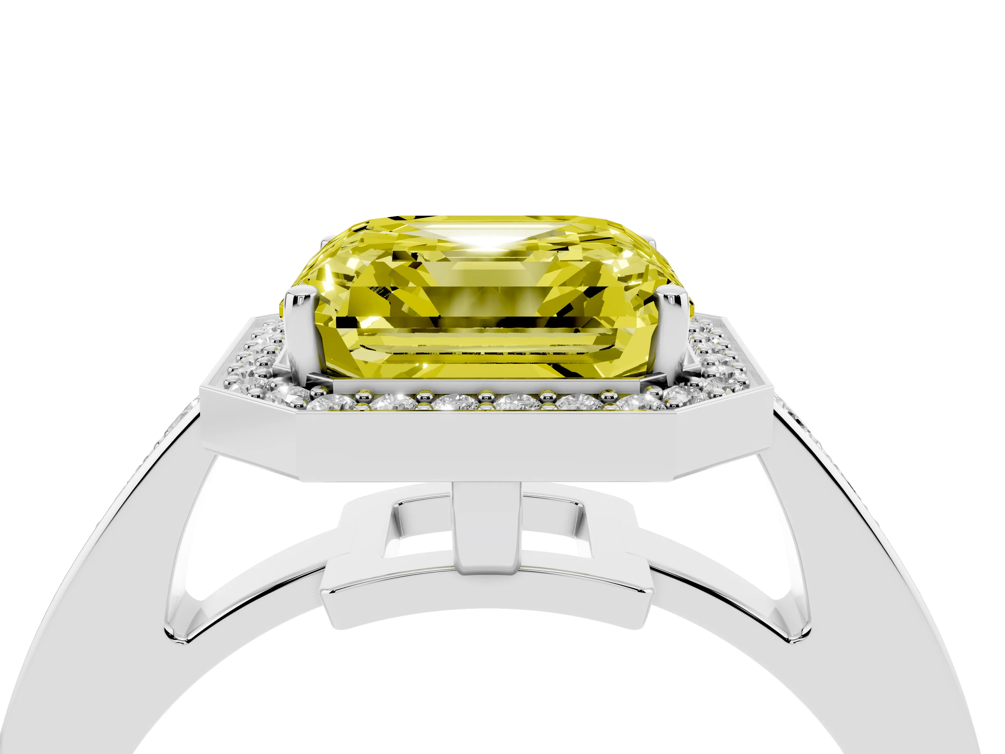 Fancy Yellow Asscher Cut Diamond Halo Pavé Engagement Ring Set in Platinum with Bezel Setting