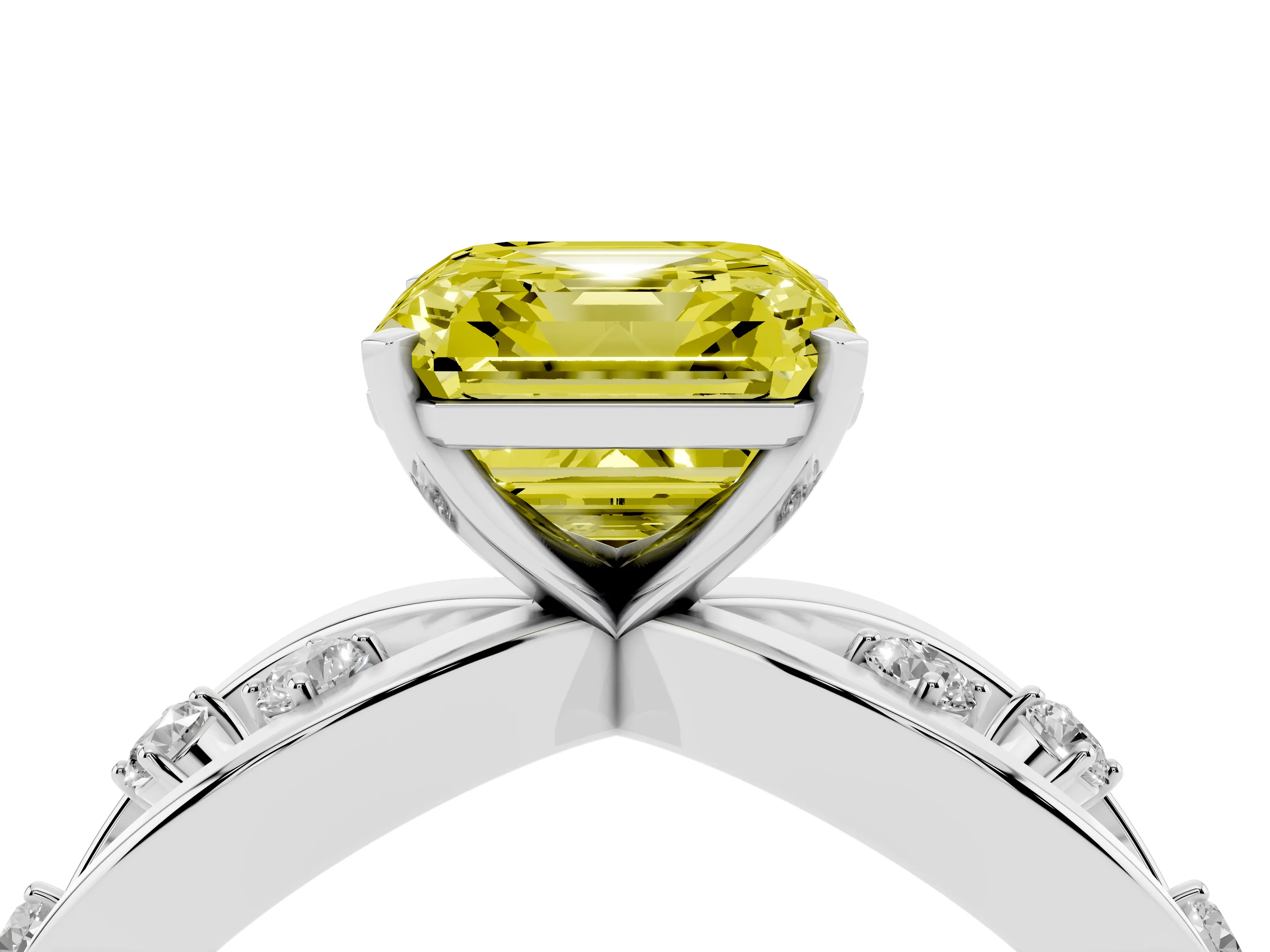 Fancy Yellow Asscher Cut Diamond Solitaire Ring Set in Silver with Side Stones on Criss-Cross Band and Prong Setting