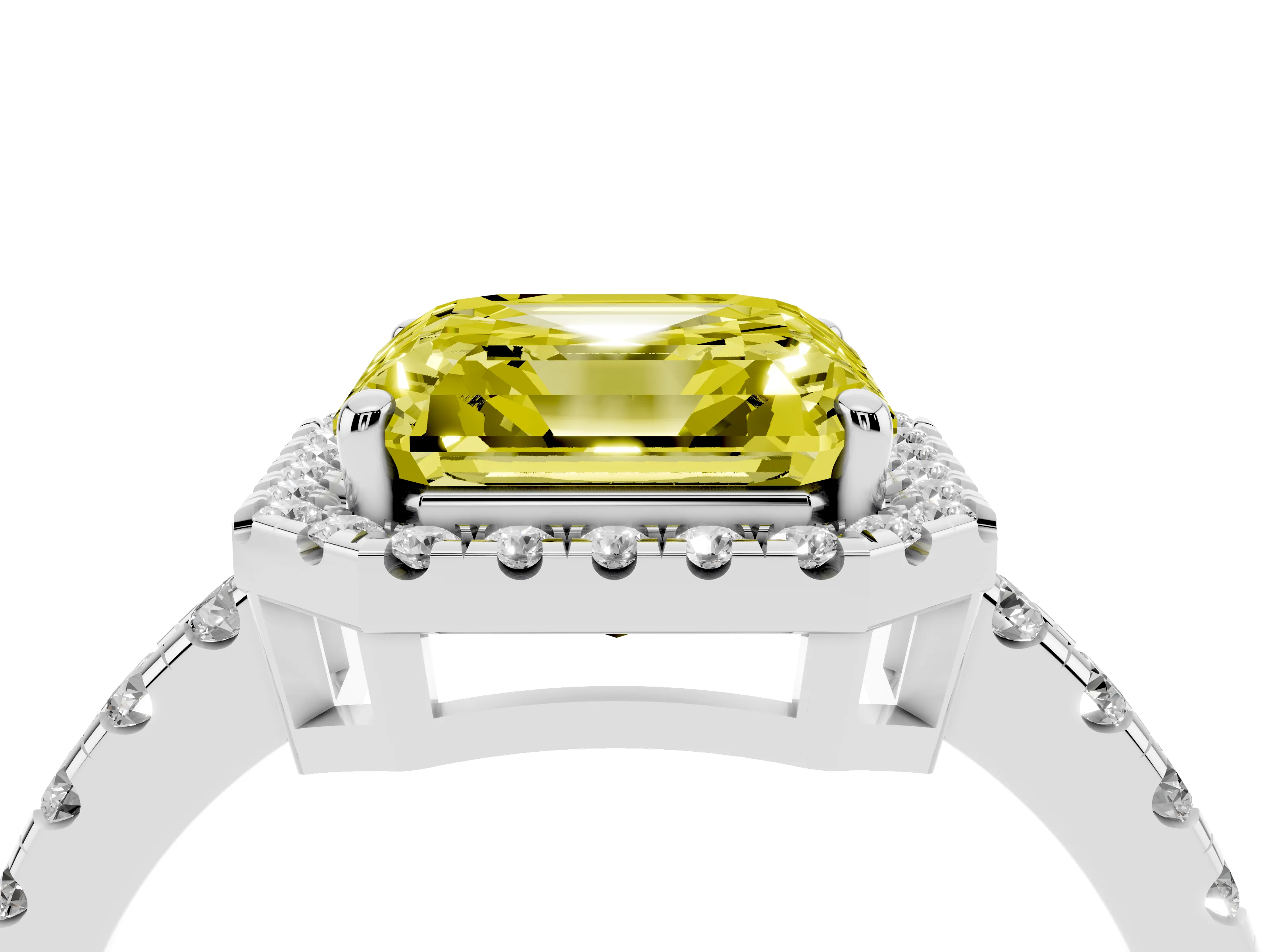 Fancy Yellow Asscher Cut Diamond Halo Ring Set in Platinum with Delicate Pavé Band and Prong Setting