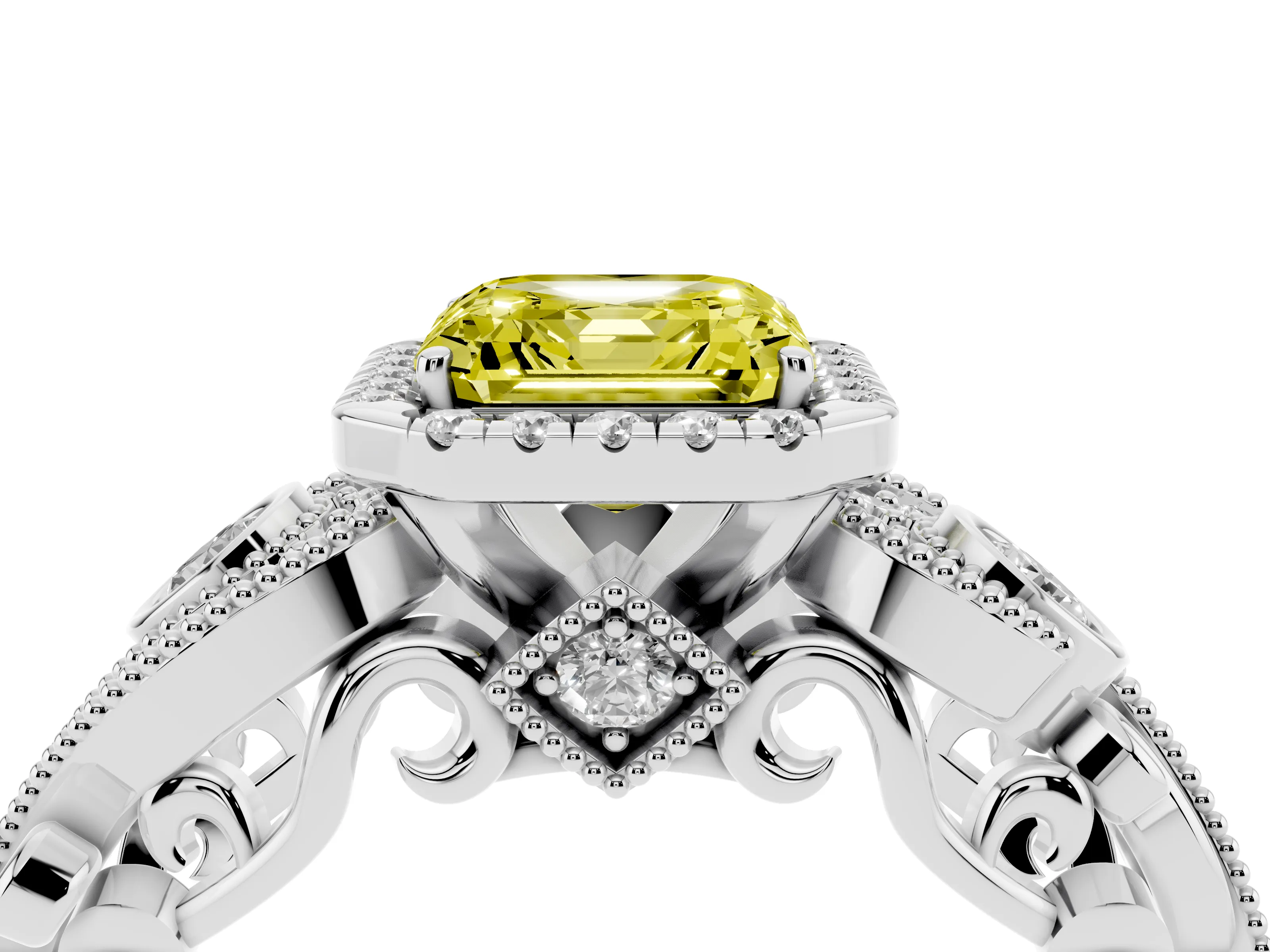 Fancy Yellow Asscher Cut Diamond Halo Ring Set in Silver with Milgrain Pavé Band and Prong Setting