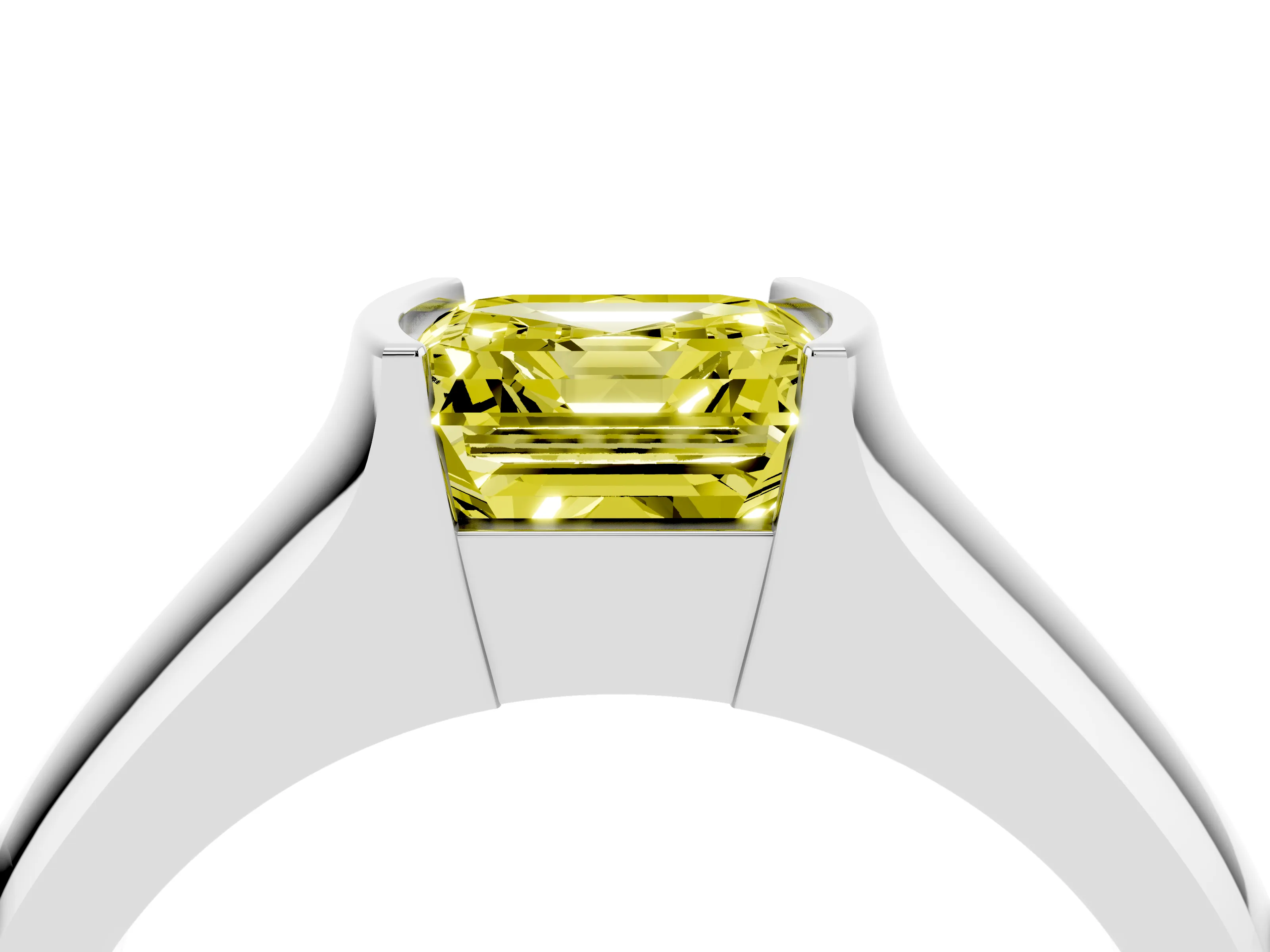 Fancy Yellow Asscher Cut Diamond Bezel Solitaire Ring Set in White gold with Wide Band