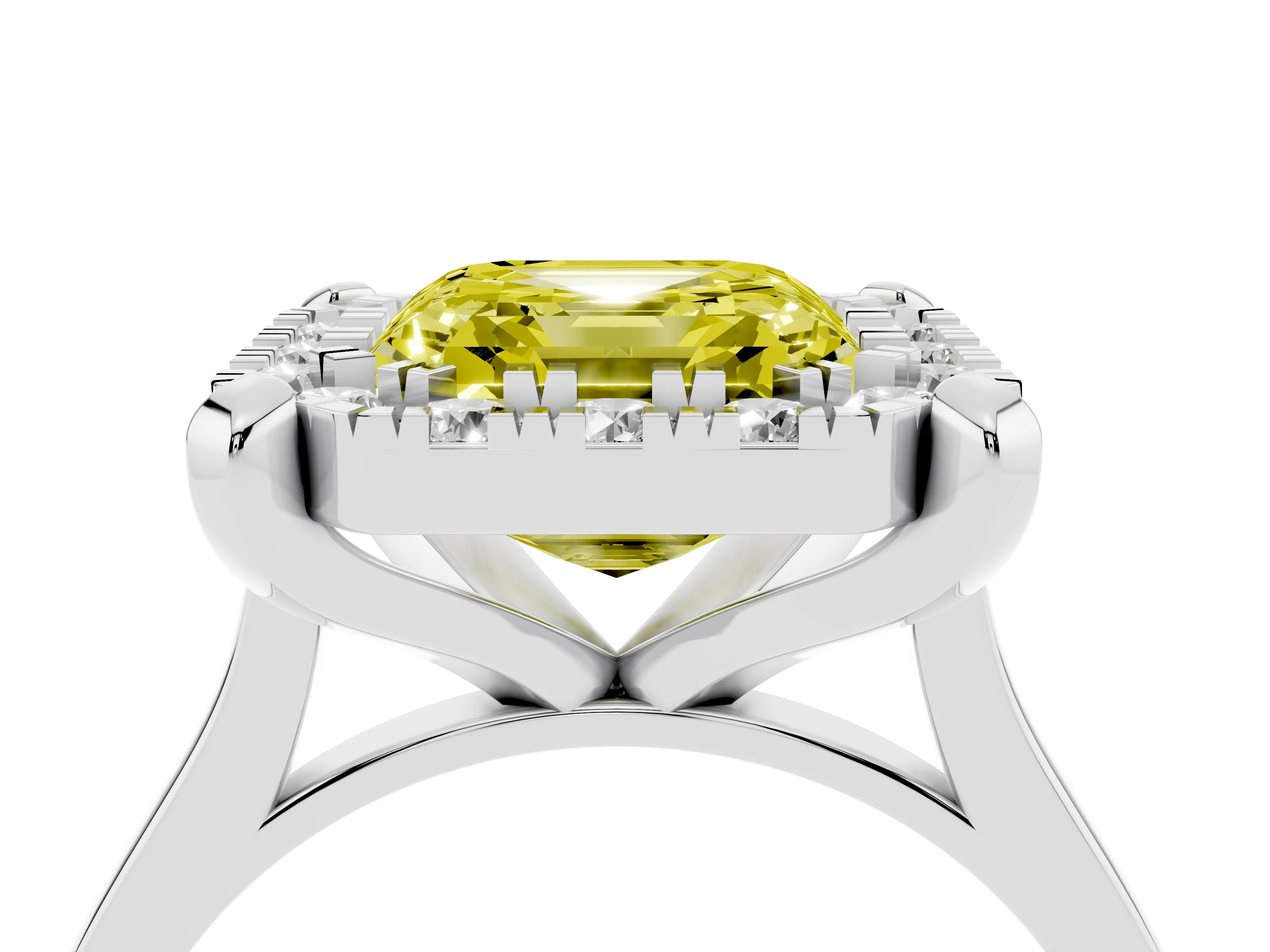 Fancy Yellow Asscher Cut Diamond Cluster Halo Solitaire Ring Set in Silver with Prong Setting