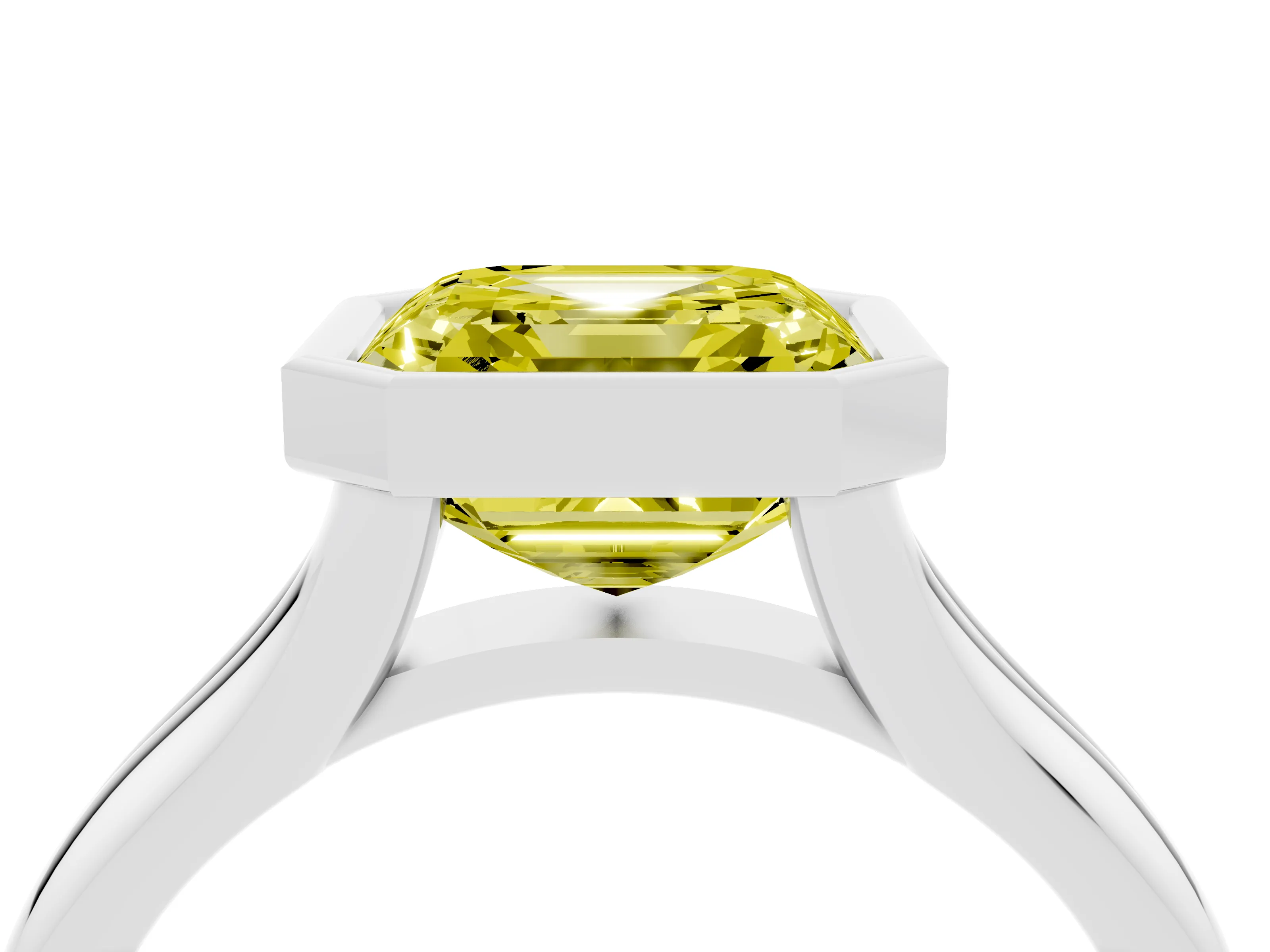 Fancy Yellow Bezel Set Asscher Cut Diamond Solitaire Ring Set in Silver with Smooth Band
