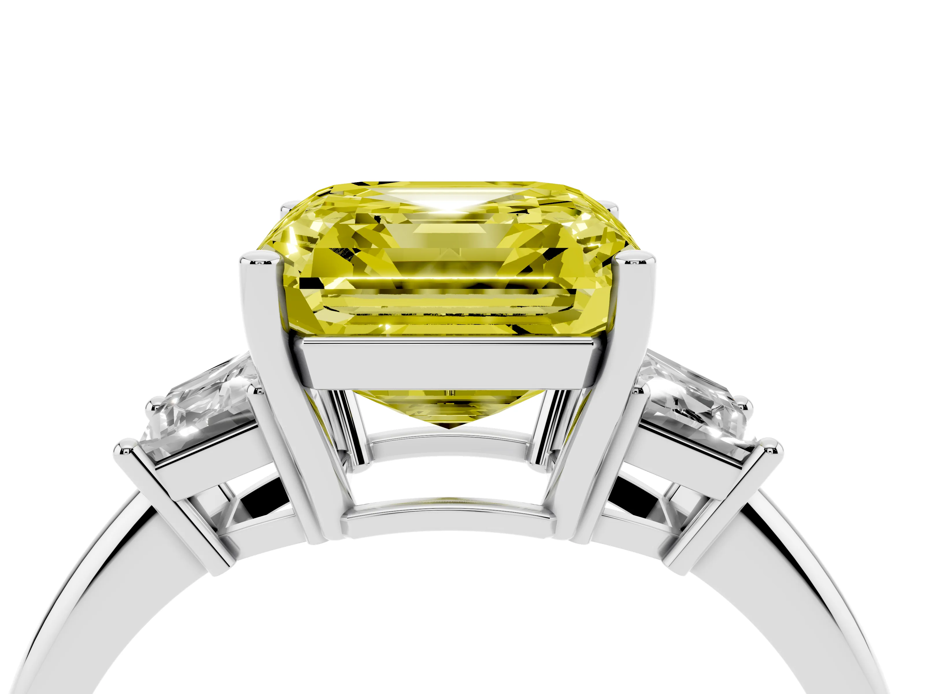 Fancy Yellow Asscher Cut Diamond Three-Stone Ring Set in Silver with Trapezoid Side Stones and Prong Setting