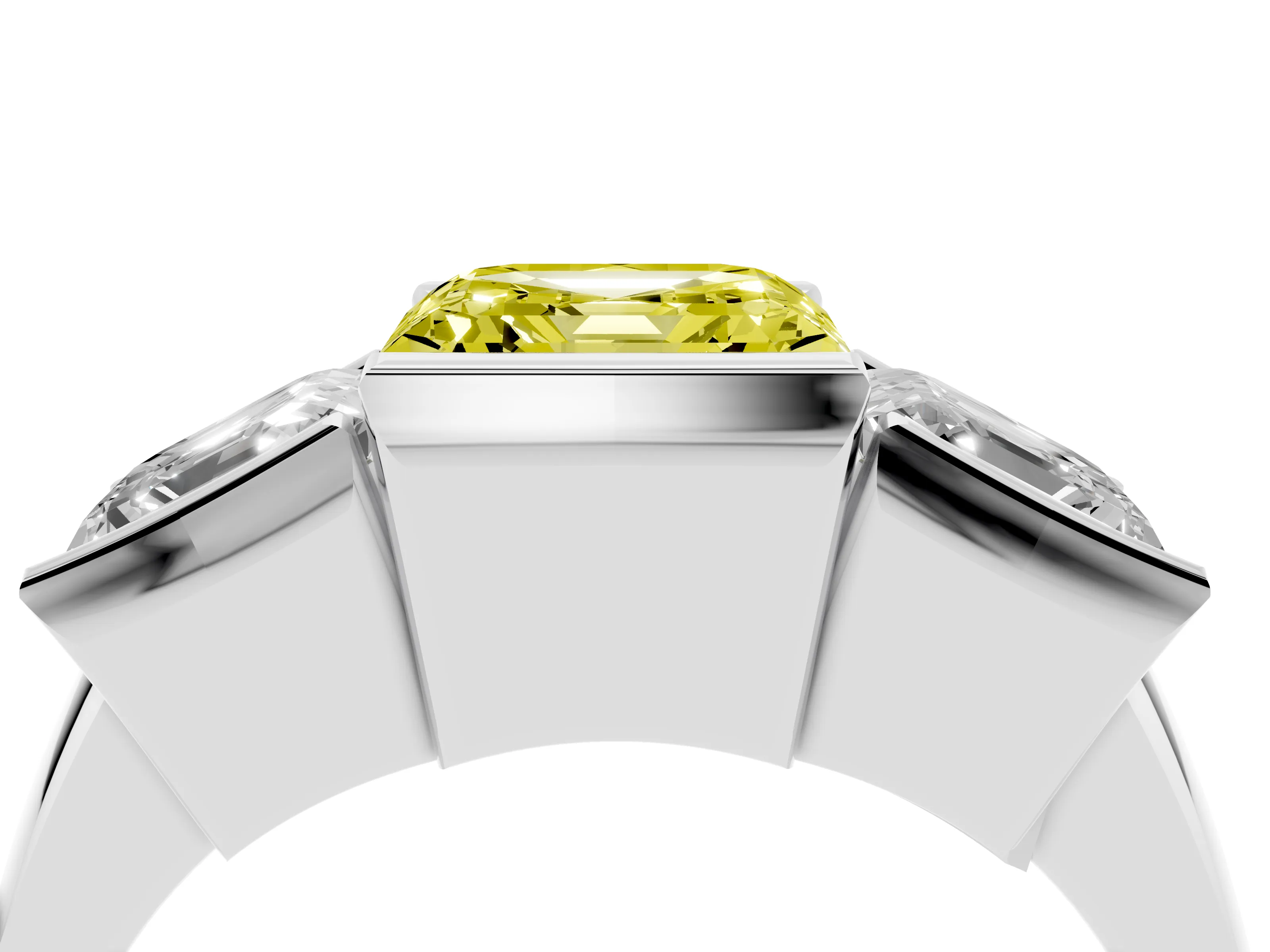 Fancy Yellow Asscher Cut Diamond Three-Stone Channel Set Ring Set in White gold with Smooth Polished Band