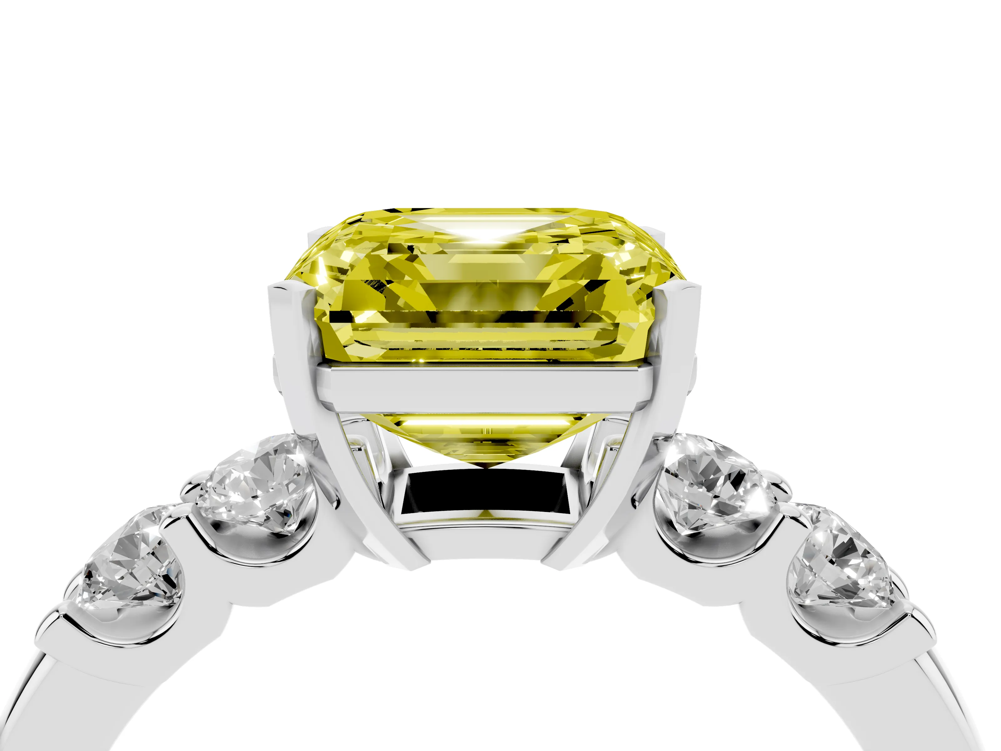 Fancy Yellow Asscher Cut Diamond Five-Stone Prong Set Engagement Ring Set in White gold with Channel Band