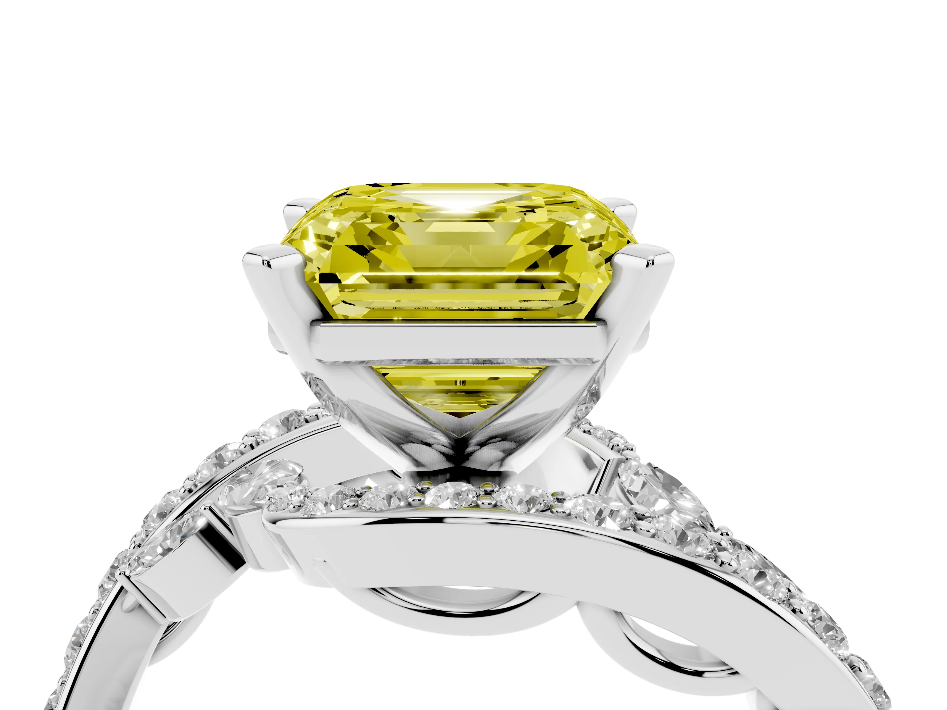 Fancy Yellow Asscher Cut Diamond Solitaire Ring Set in Silver with Pavé Twist Band and Secure Prong Setting