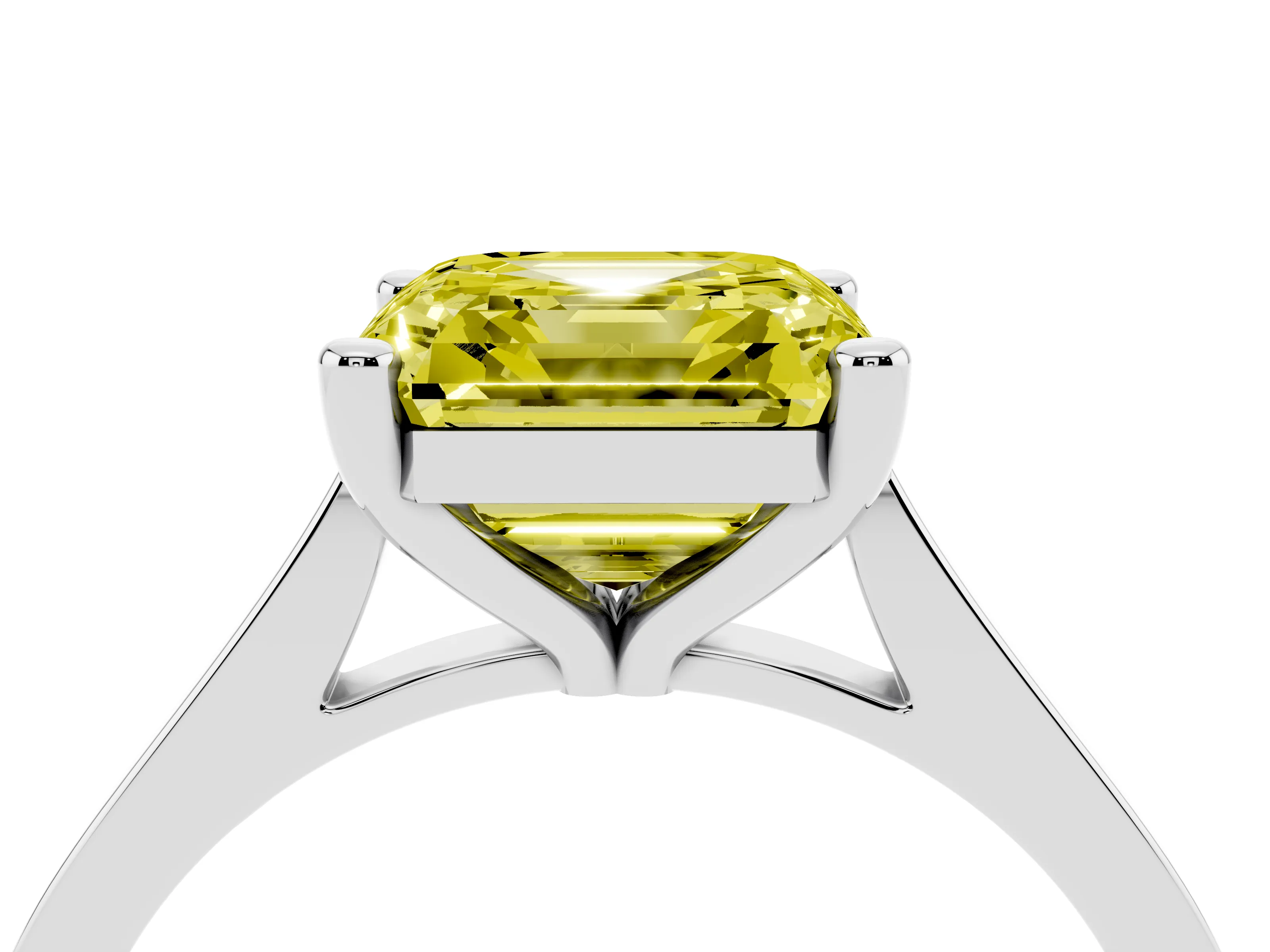 Fancy Yellow Asscher Cut Diamond Solitaire Ring Set in Silver with Prong Setting and Tapered Band