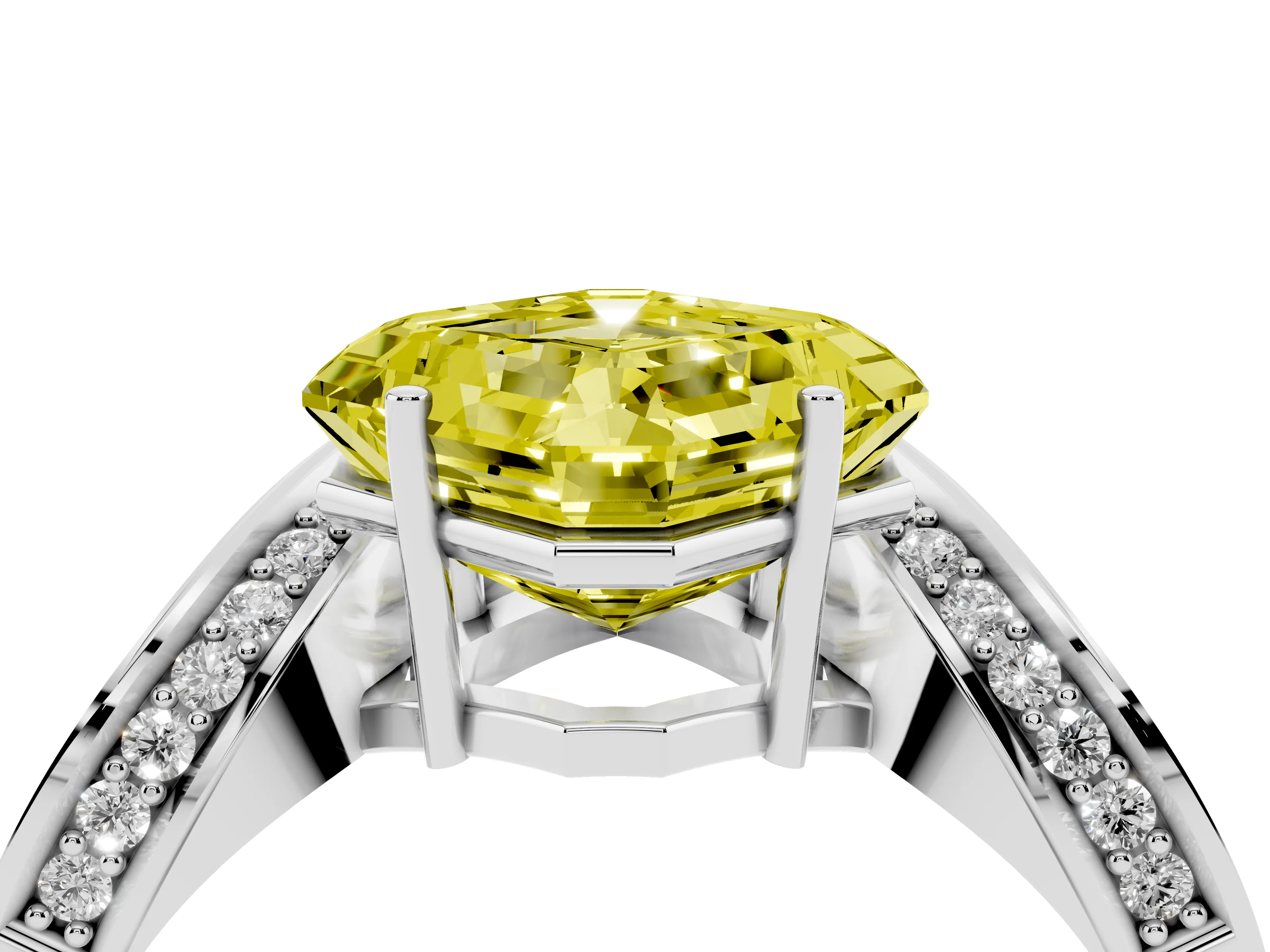 Fancy Yellow Asscher Cut Diamond Solitaire Engagement Ring Set in Silver with Pavé Shoulders