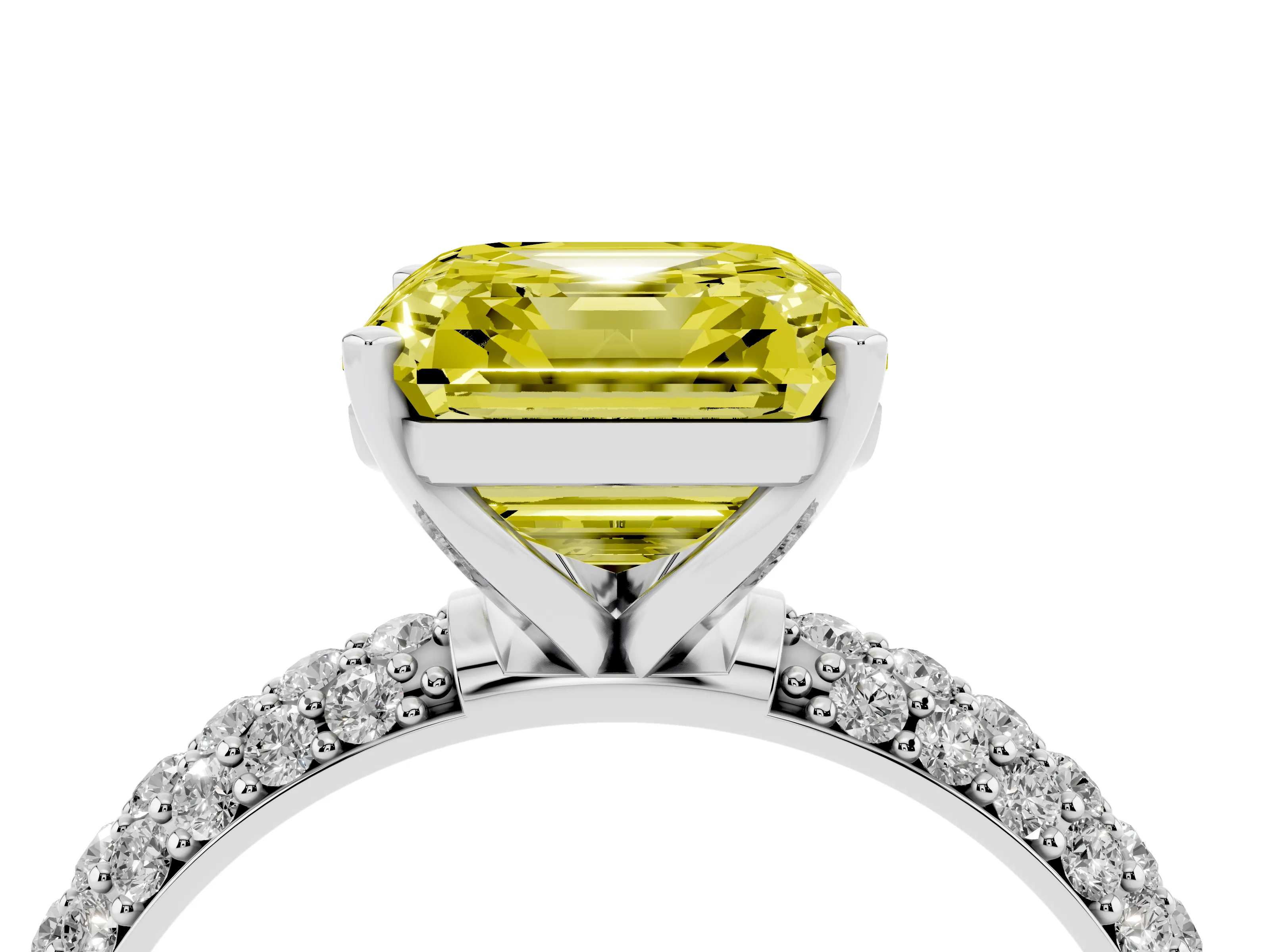 Fancy Yellow Asscher Cut Diamond Solitaire Ring Set in Silver with Prong Setting and Pavé-Set Band