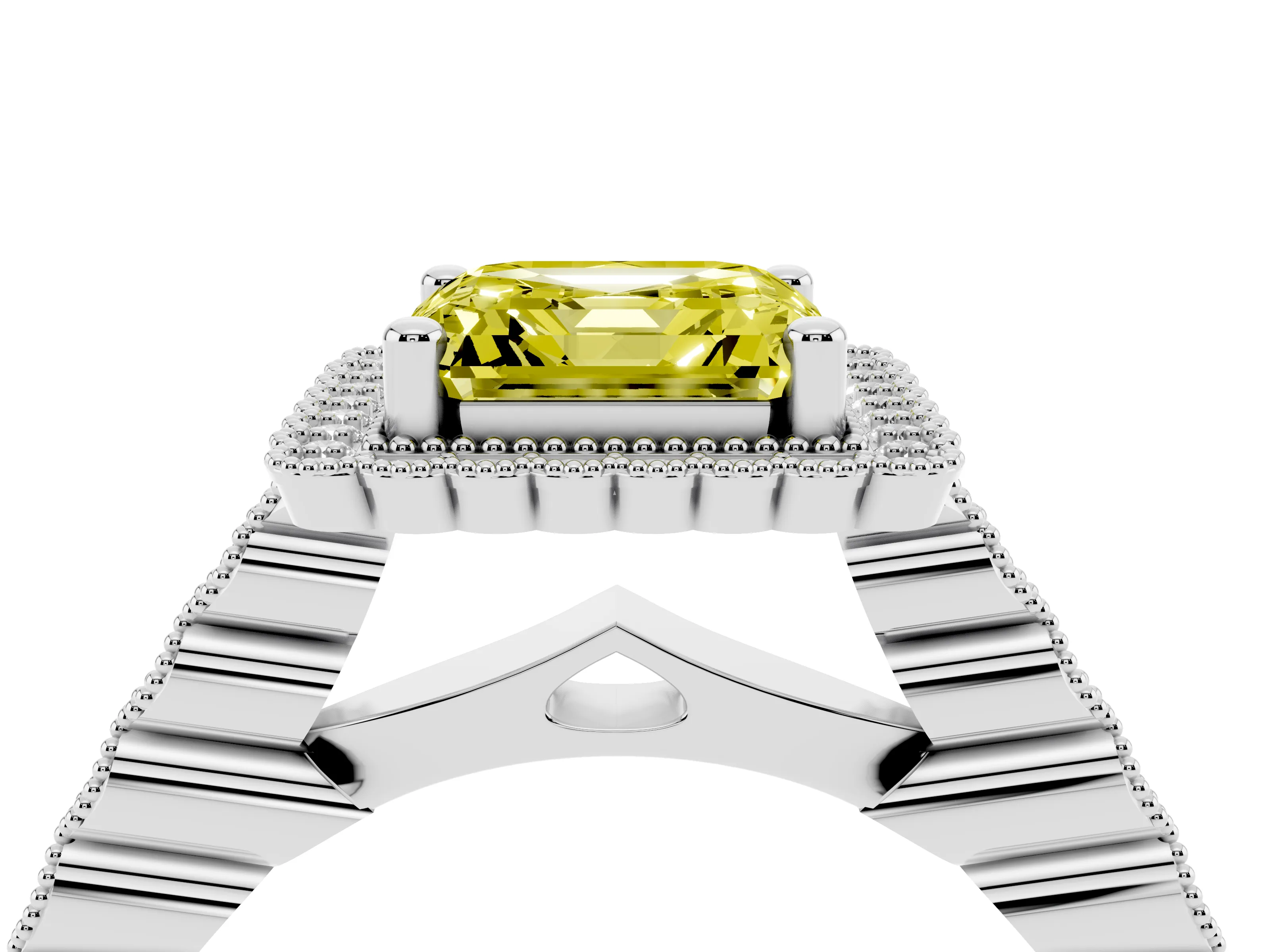 Fancy Yellow Asscher Cut Diamond Halo Ring Set in Platinum with Pavé Milgrain Band