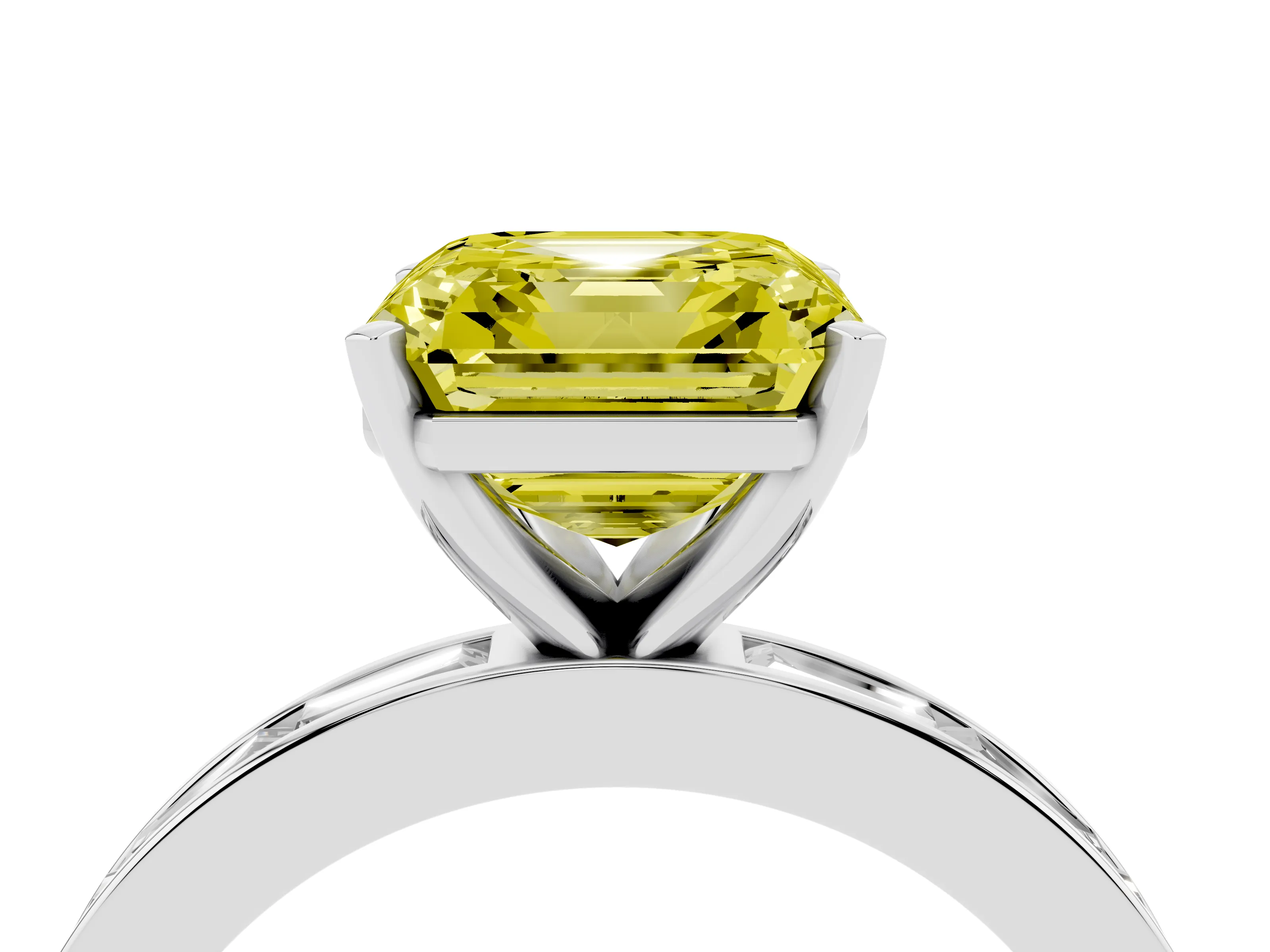Fancy Yellow Asscher Cut Diamond Solitaire Ring Set in White gold with Channel-Set Baguette Band and Prong Setting