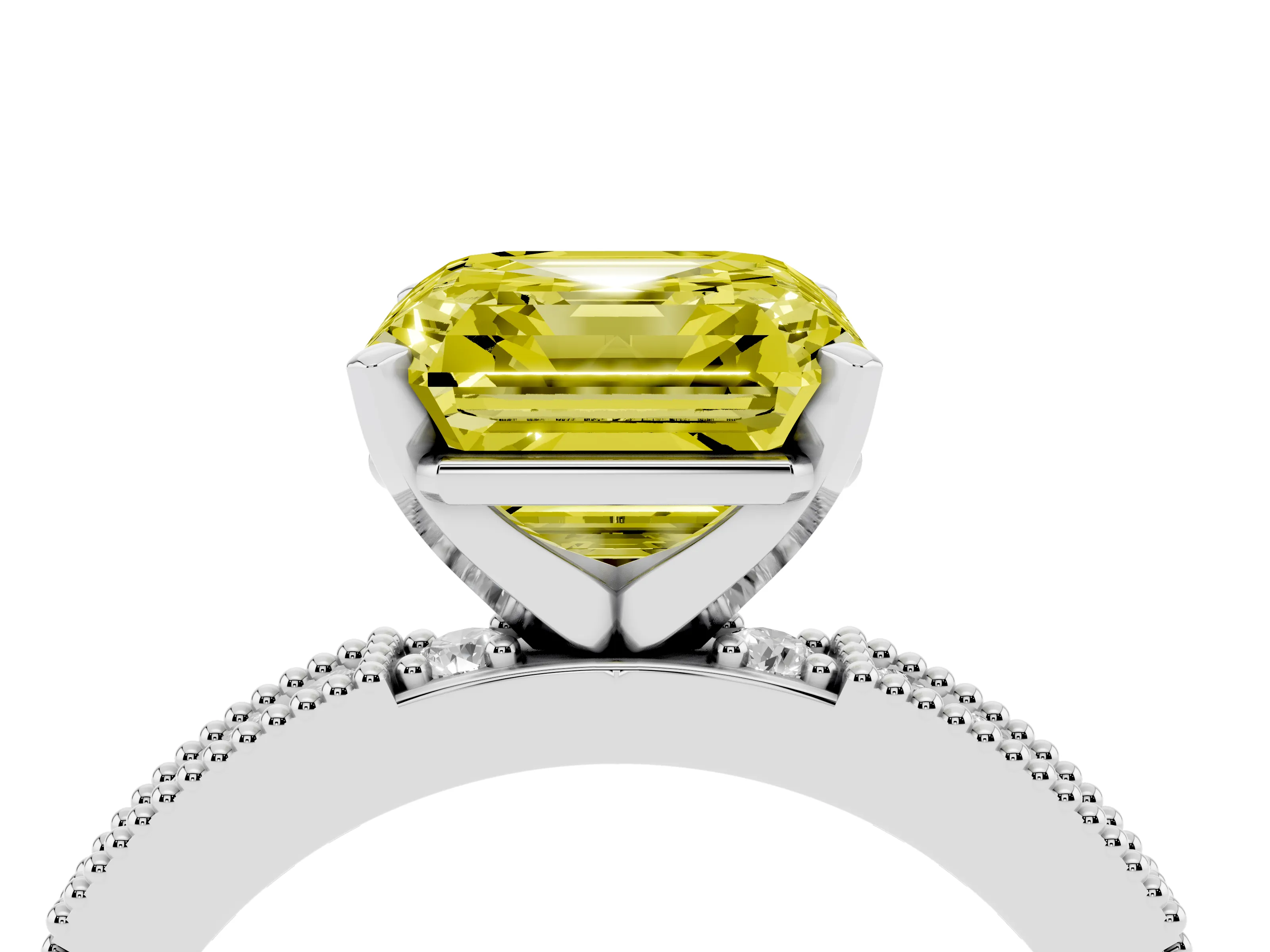 Fancy Yellow Asscher Cut Diamond Solitaire Ring Set in Silver with Slim Pavé Band and Prong Setting