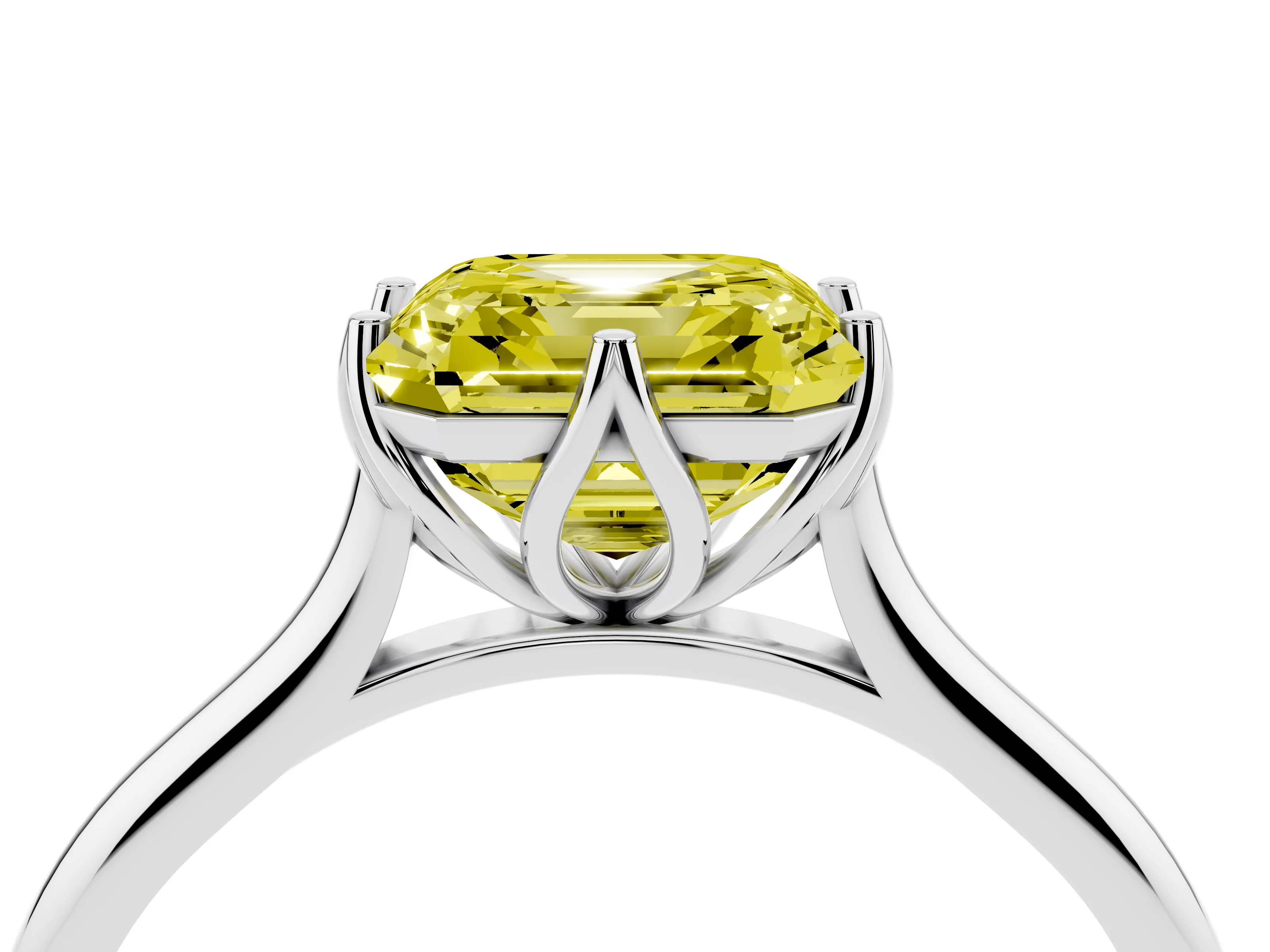 Fancy Yellow Asscher Cut Diamond Solitaire Cathedral Ring Set in Platinum with Prong Setting