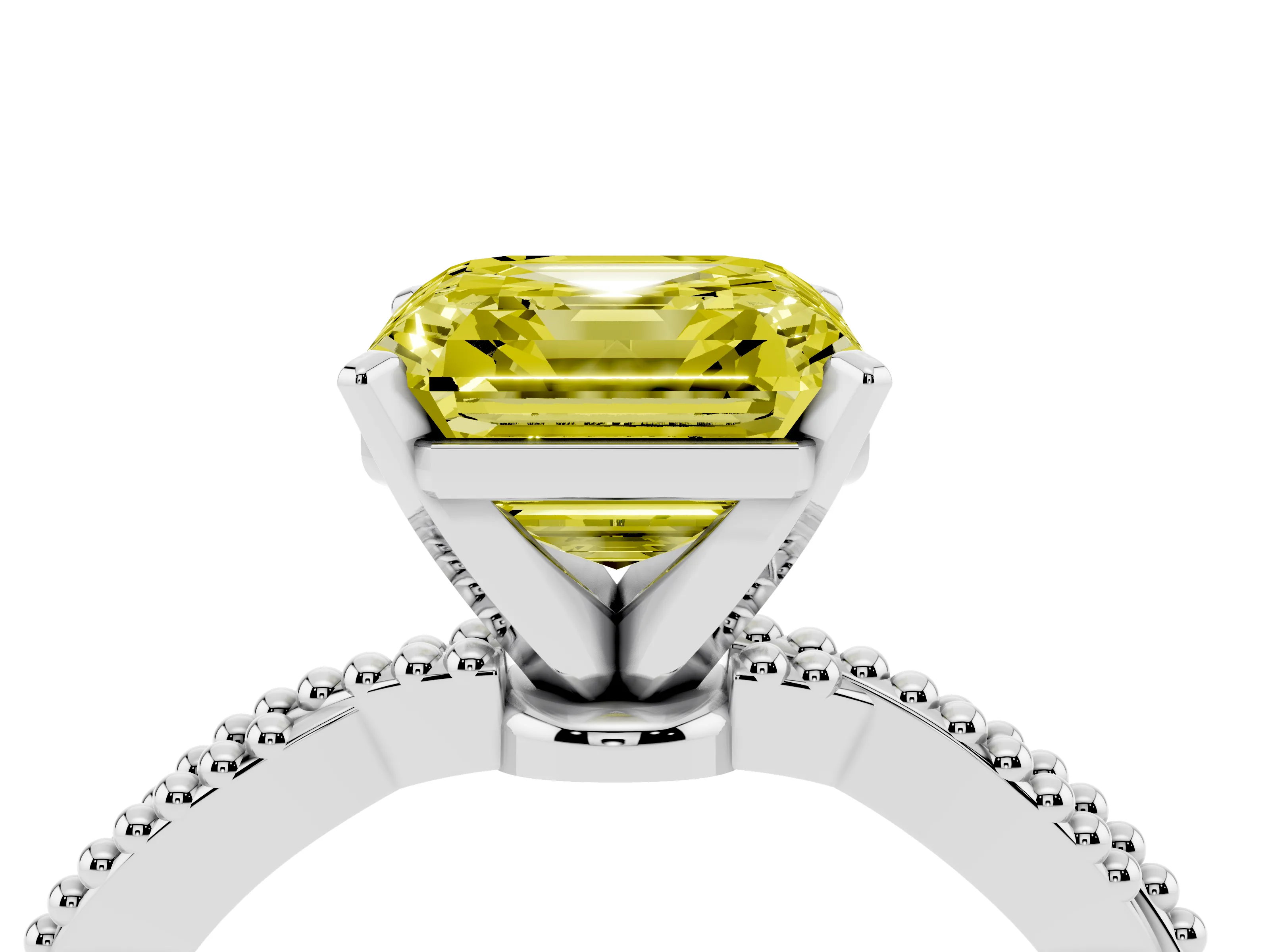 Fancy Yellow Asscher Cut Diamond Solitaire Ring Set in Platinum with Twisted Band and Bead Prong Setting