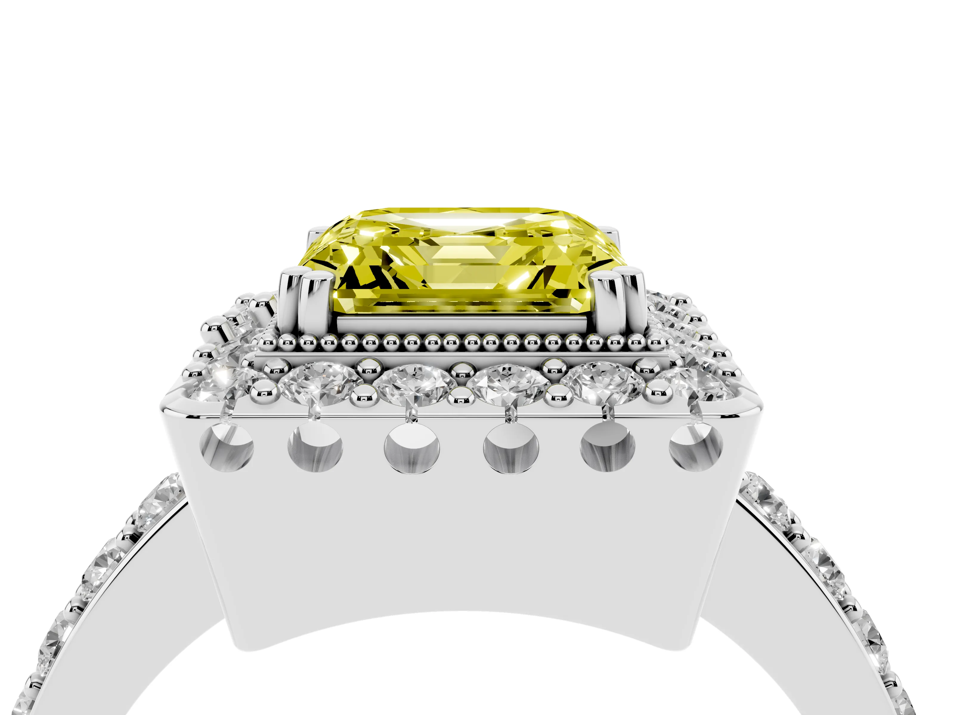 Fancy Yellow Asscher Cut Diamond Halo Ring Set in Silver with Pavé Shank and Prong Setting