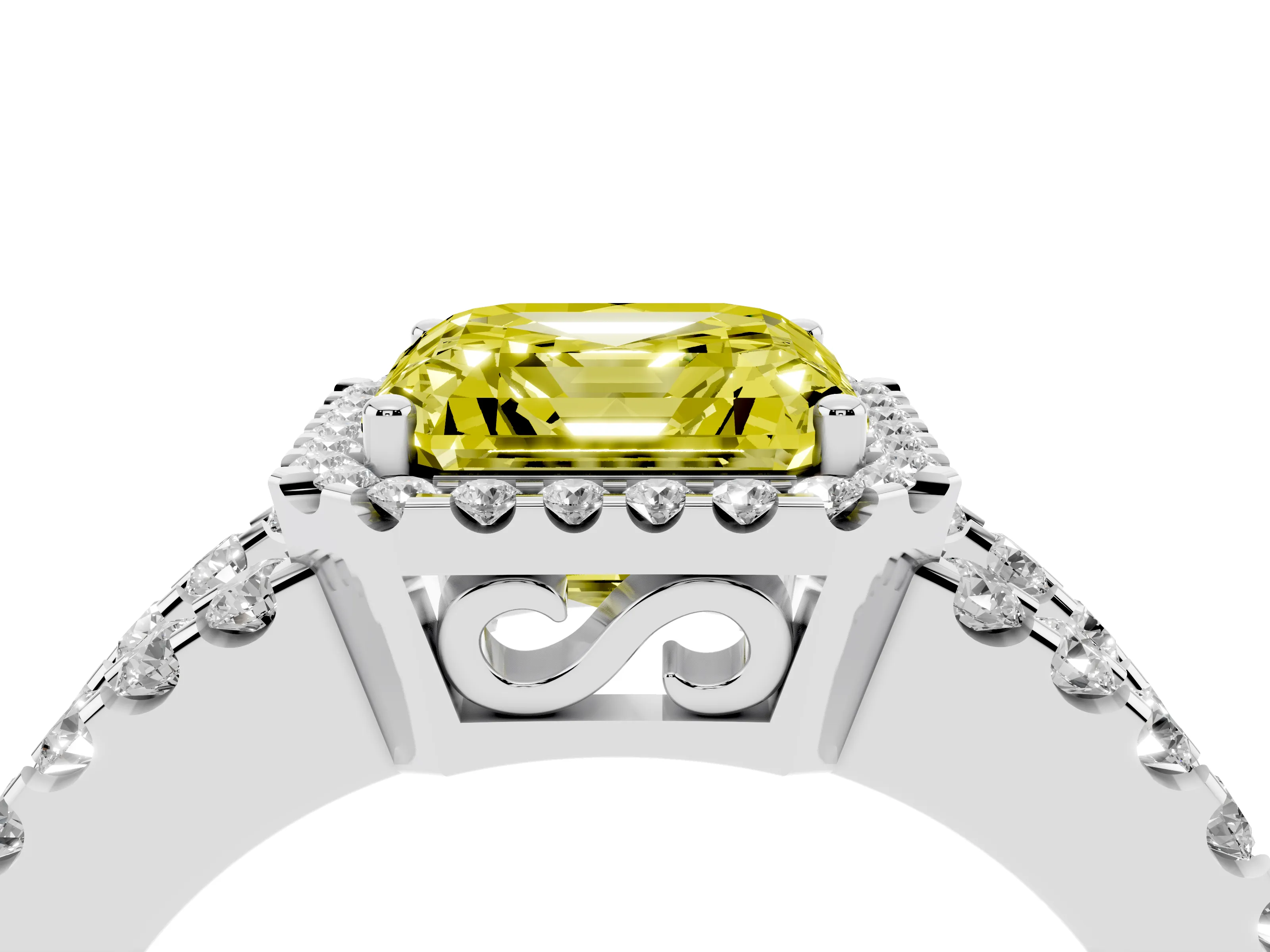 Fancy Yellow Asscher Cut Diamond Halo Ring Set in Platinum with Pavé Split Shank and Prong Setting