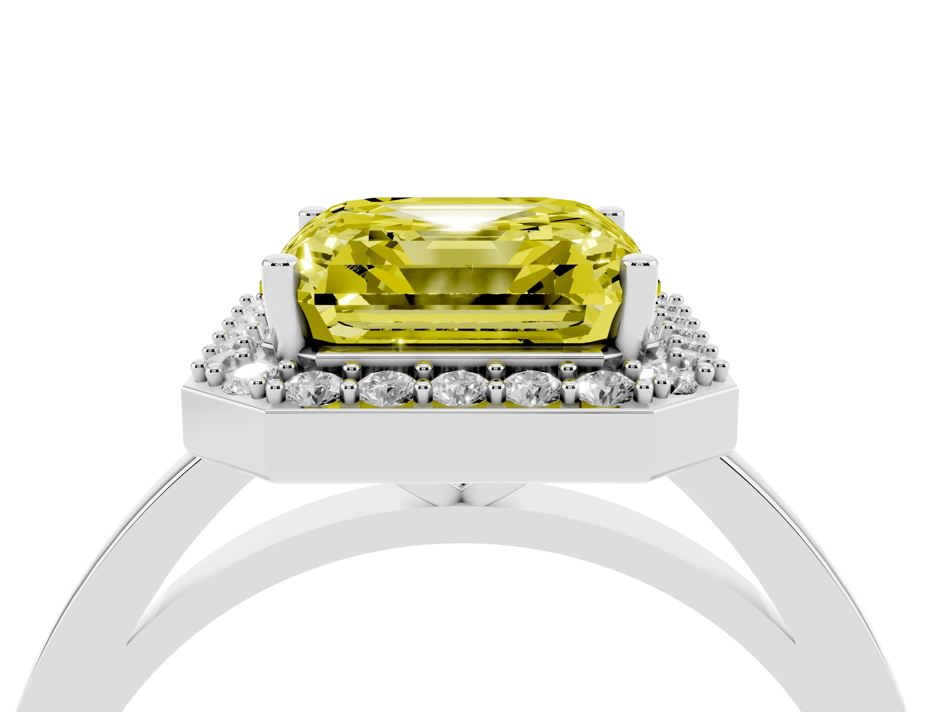 Fancy Yellow Asscher Cut Diamond Halo Ring Set in White gold with Solitaire Band and Prong Setting