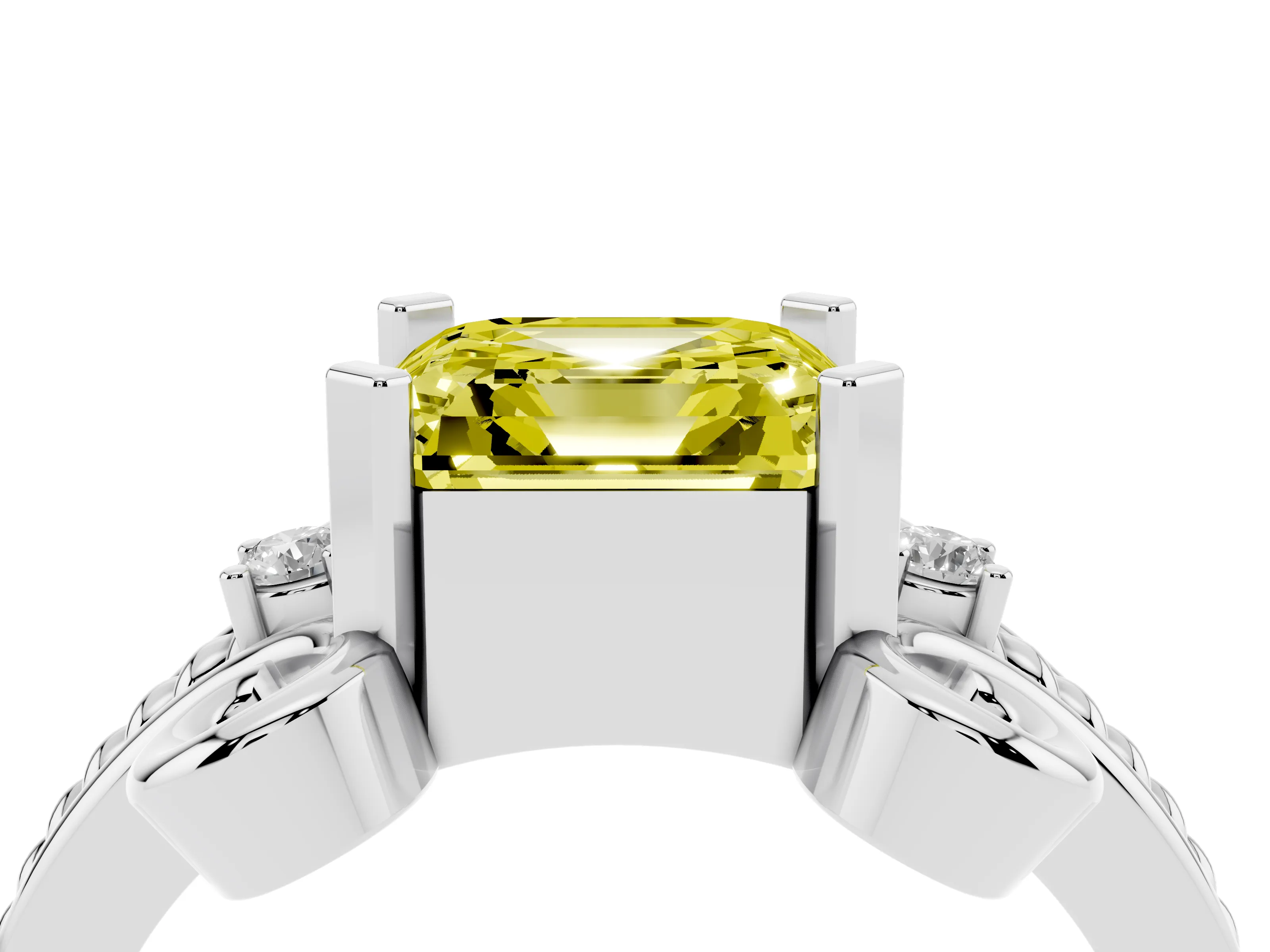 Fancy Yellow Asscher Cut Diamond Twisted Band Solitaire Ring Set in Platinum with Scroll Prongs