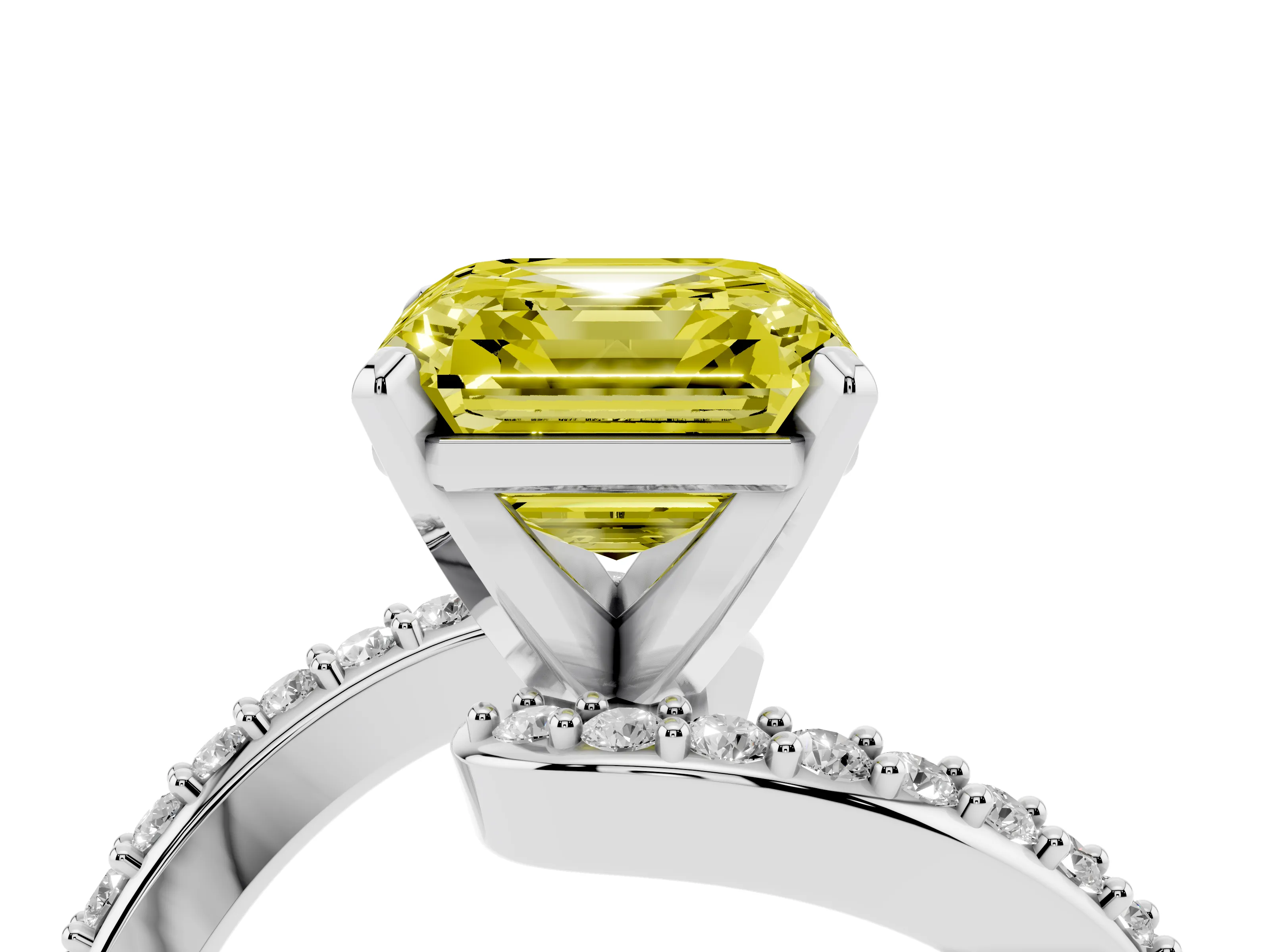 Fancy Yellow Asscher Cut Diamond Solitaire Ring Set in Platinum with Pavé Twist Band and Prong Setting