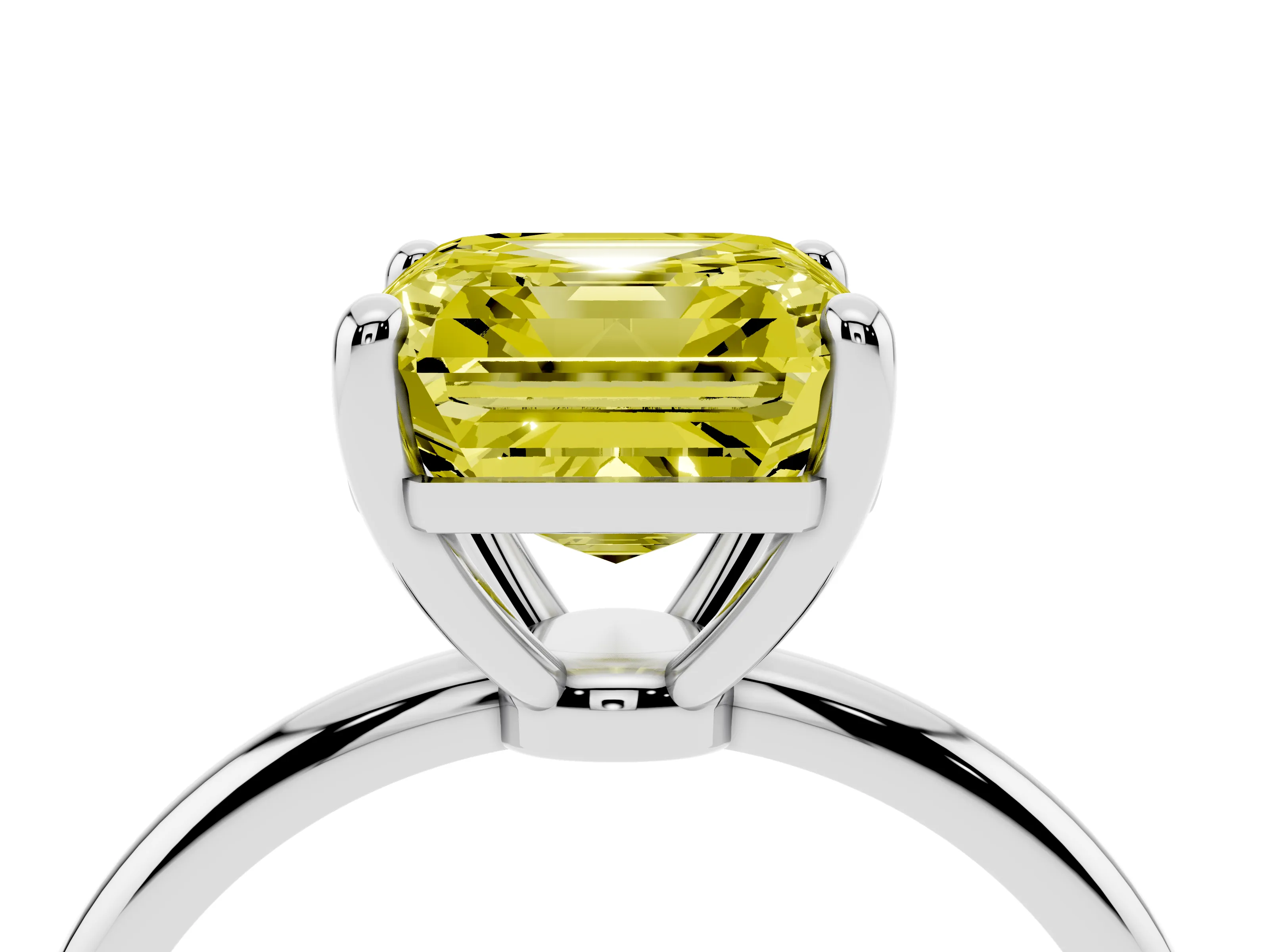 Fancy Yellow Asscher Cut Diamond Solitaire Ring Set in Platinum with Secure Prong Setting on a Classic Band