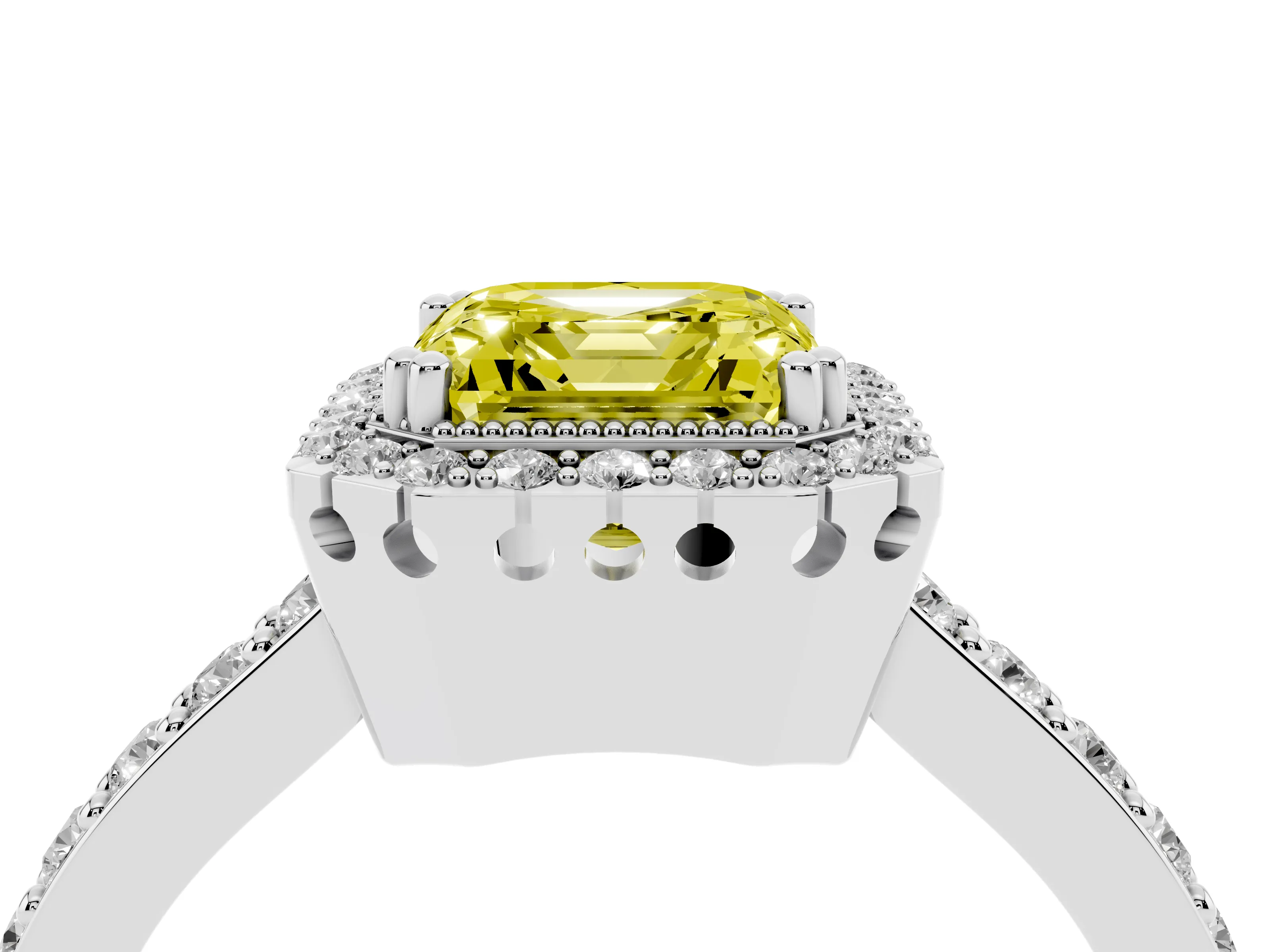 Fancy Yellow Asscher Cut Diamond Halo Engagement Ring Set in White gold with Milgrain Detail and Pavé Band
