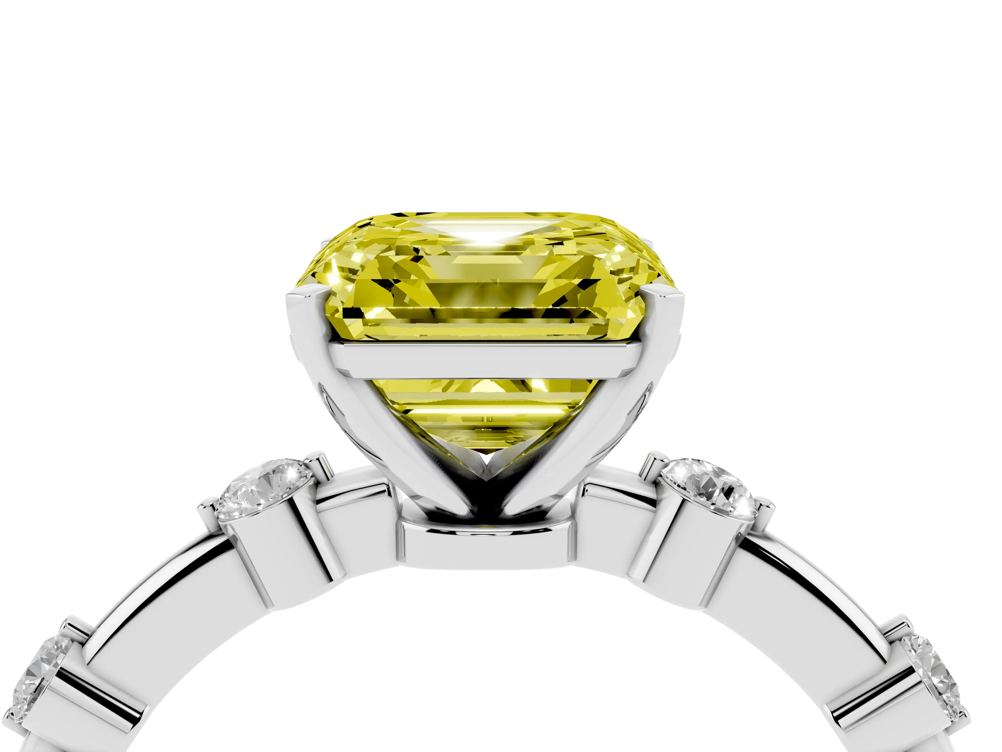 Fancy Yellow Asscher Cut Diamond Solitaire Ring Set in Silver with Bezel Set Side Stones and Prong Setting